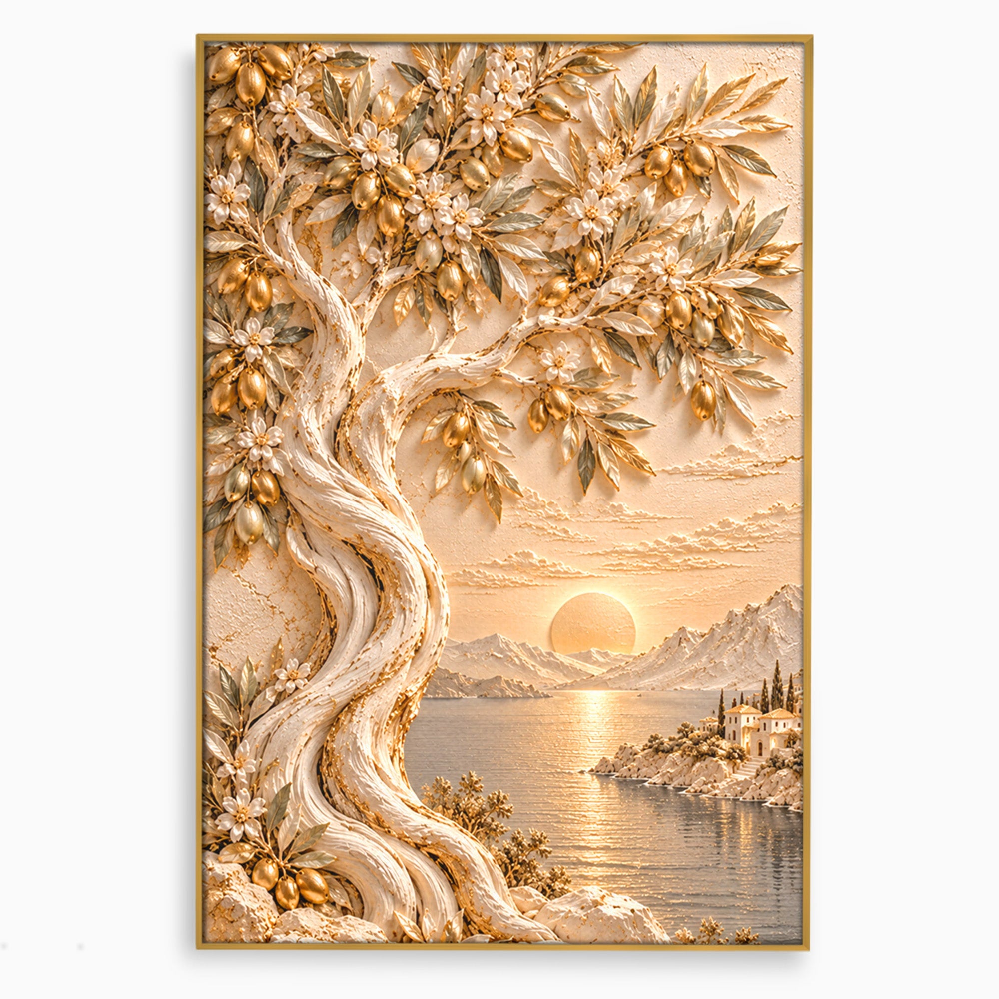 Tablou Canvas Premium LuxCanva® PI1431, Apus Auriu Pe Tarm, Peisaj, Apus, Natura, Copac, Culori Vibrante, Living, Dormitor
