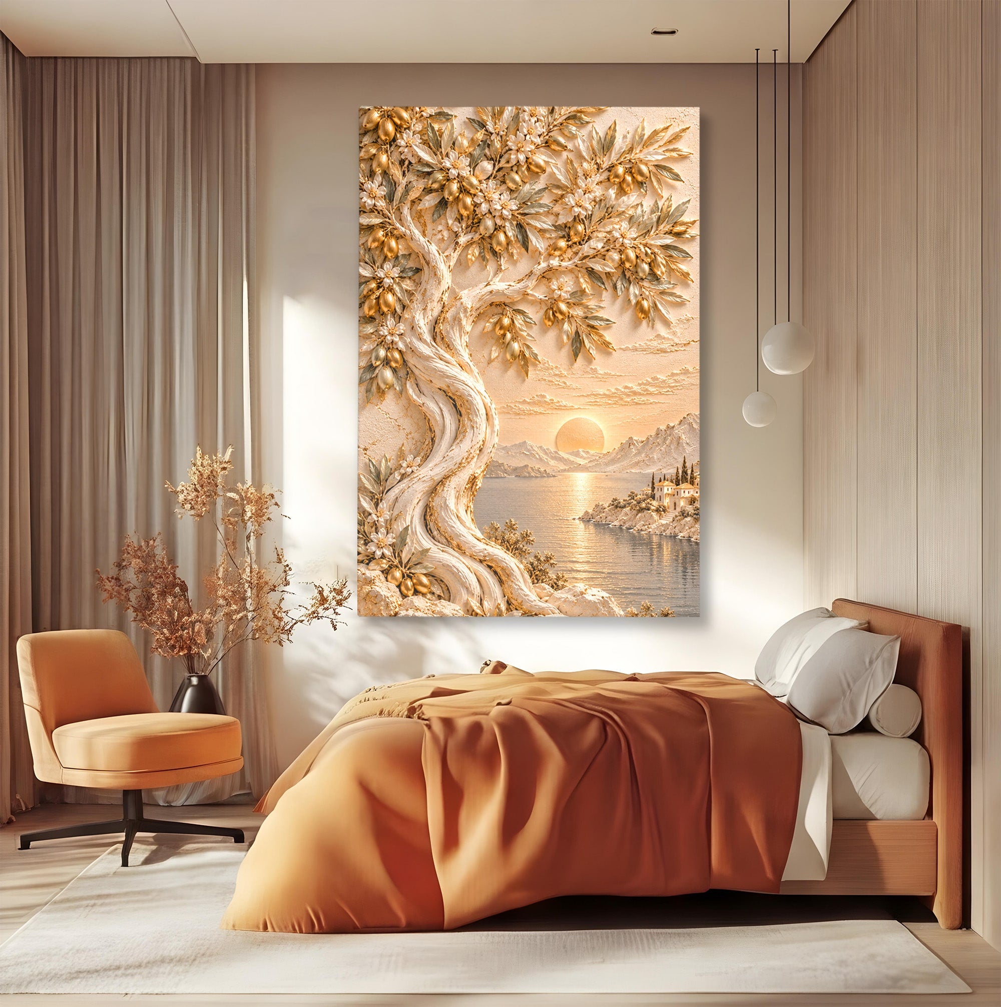 Tablou Canvas Premium LuxCanva® PI1431, Apus Auriu Pe Tarm, Peisaj, Apus, Natura, Copac, Culori Vibrante, Living, Dormitor