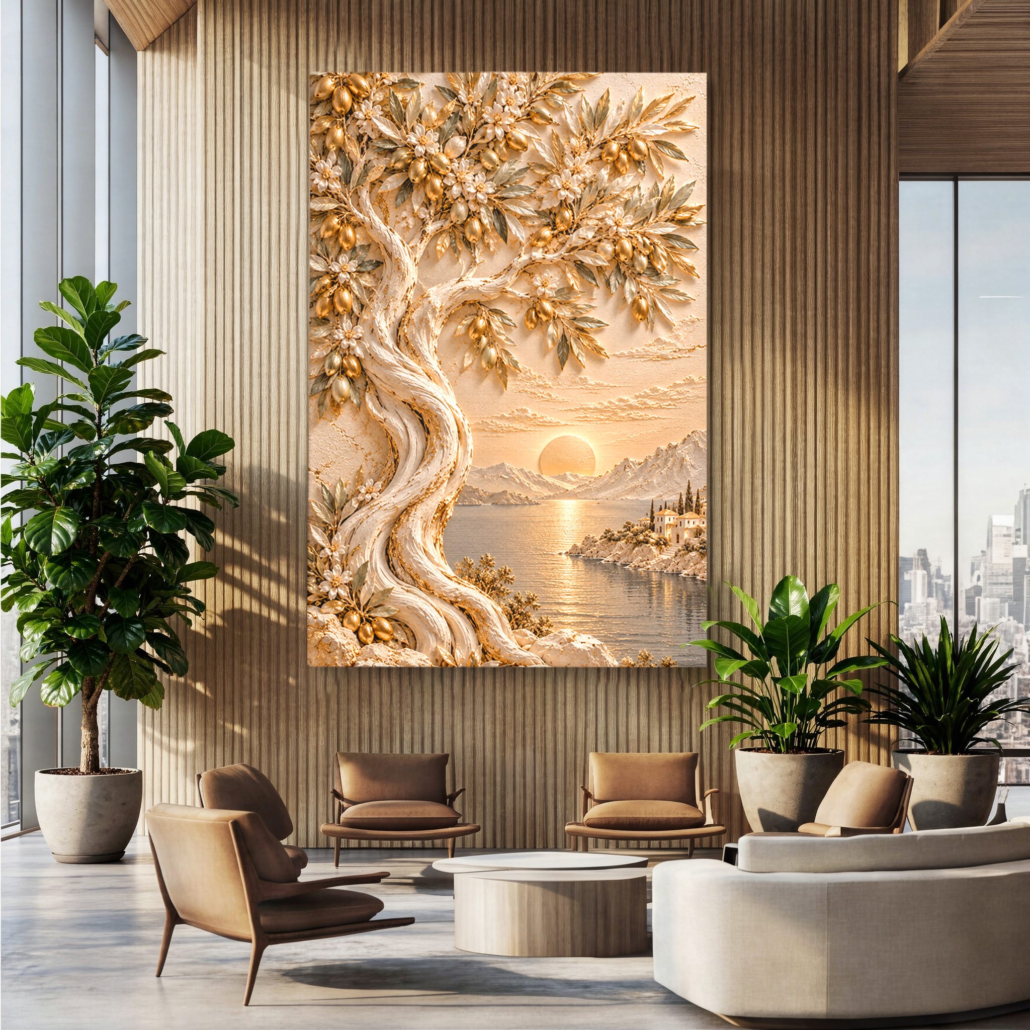 Tablou Canvas Premium LuxCanva® PI1431, Apus Auriu Pe Tarm, Peisaj, Apus, Natura, Copac, Culori Vibrante, Living, Dormitor