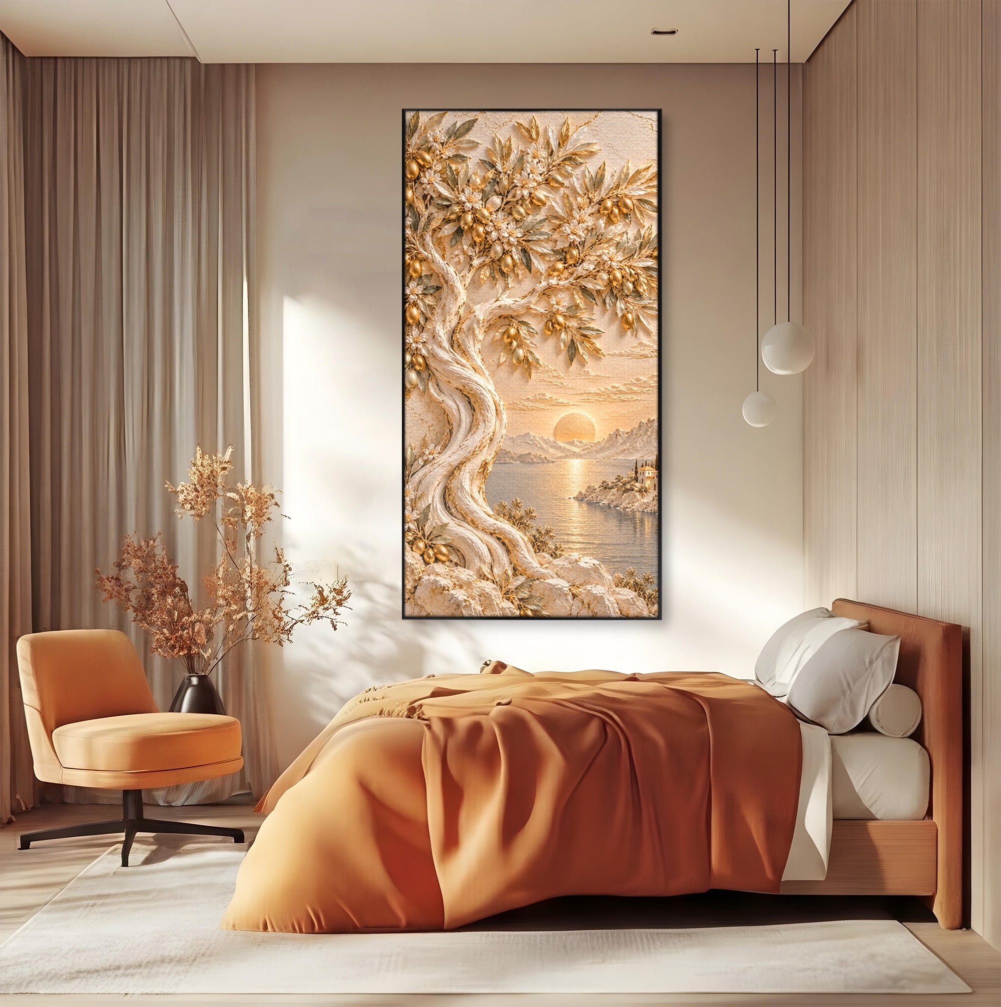 Tablou Canvas Premium LuxCanva® PI1431, Apus Auriu Pe Tarm, Peisaj, Apus, Natura, Copac, Culori Vibrante, Living, Dormitor
