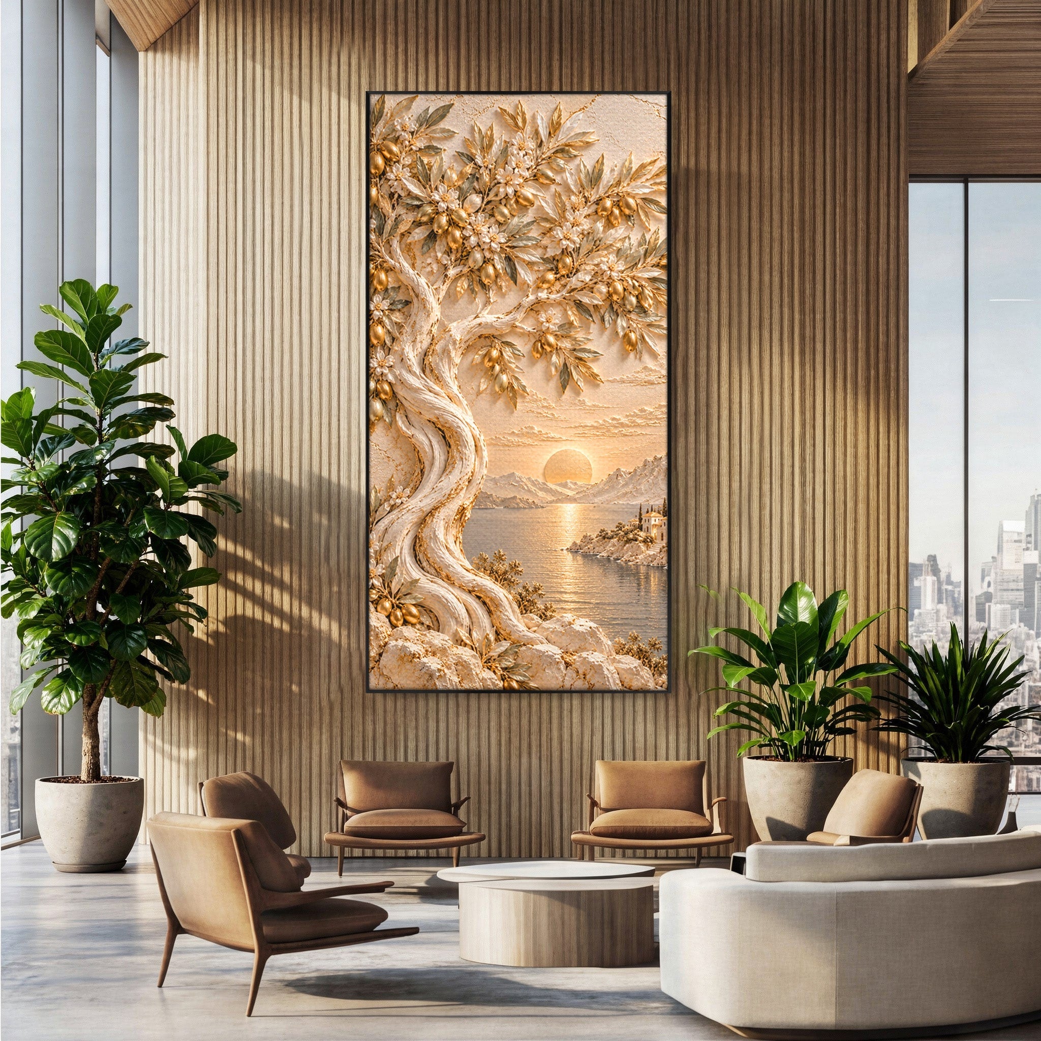 Tablou Canvas Premium LuxCanva® PI1431, Apus Auriu Pe Tarm, Peisaj, Apus, Natura, Copac, Culori Vibrante, Living, Dormitor