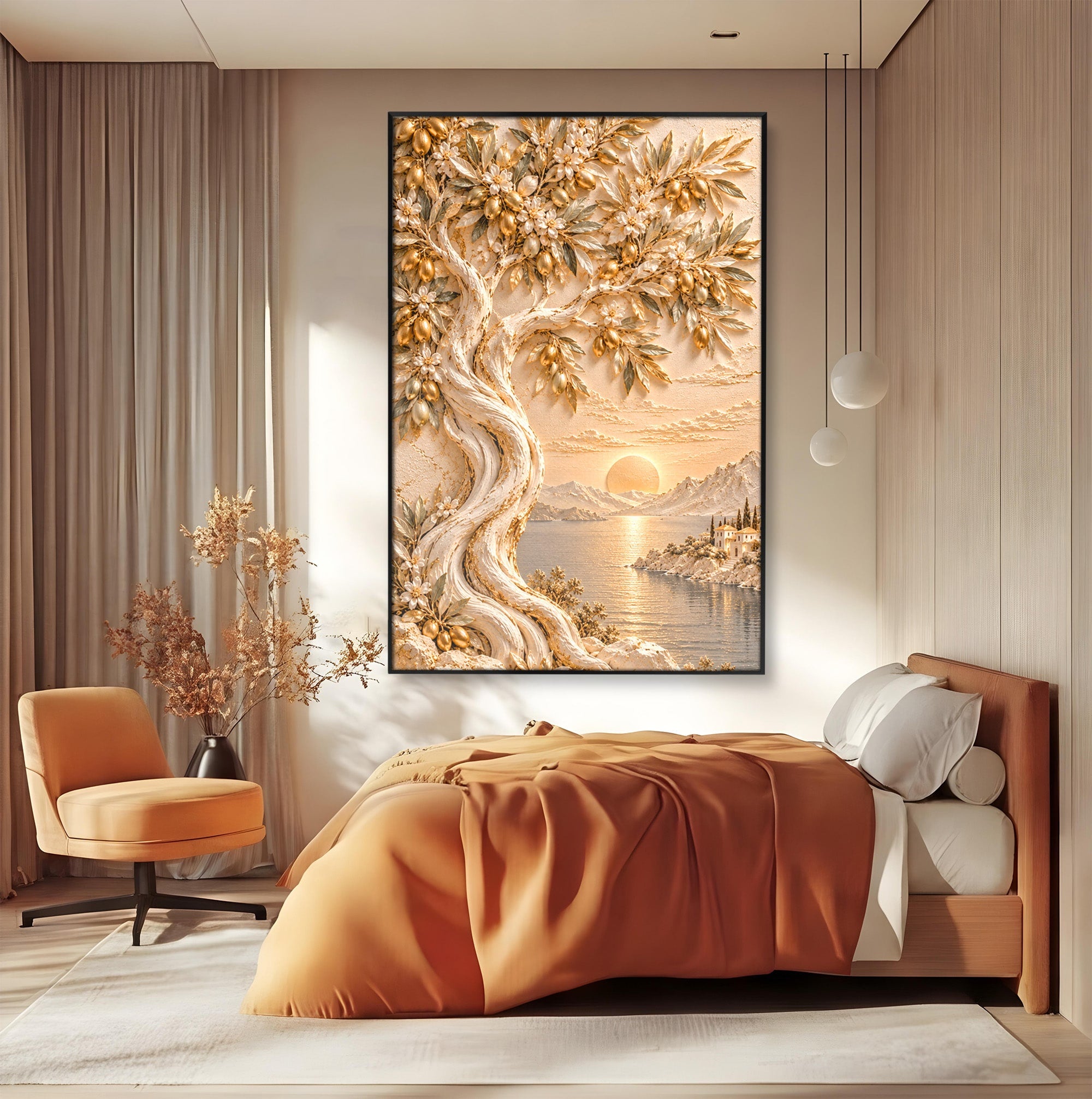 Tablou Canvas Premium LuxCanva® PI1431, Apus Auriu Pe Tarm, Peisaj, Apus, Natura, Copac, Culori Vibrante, Living, Dormitor