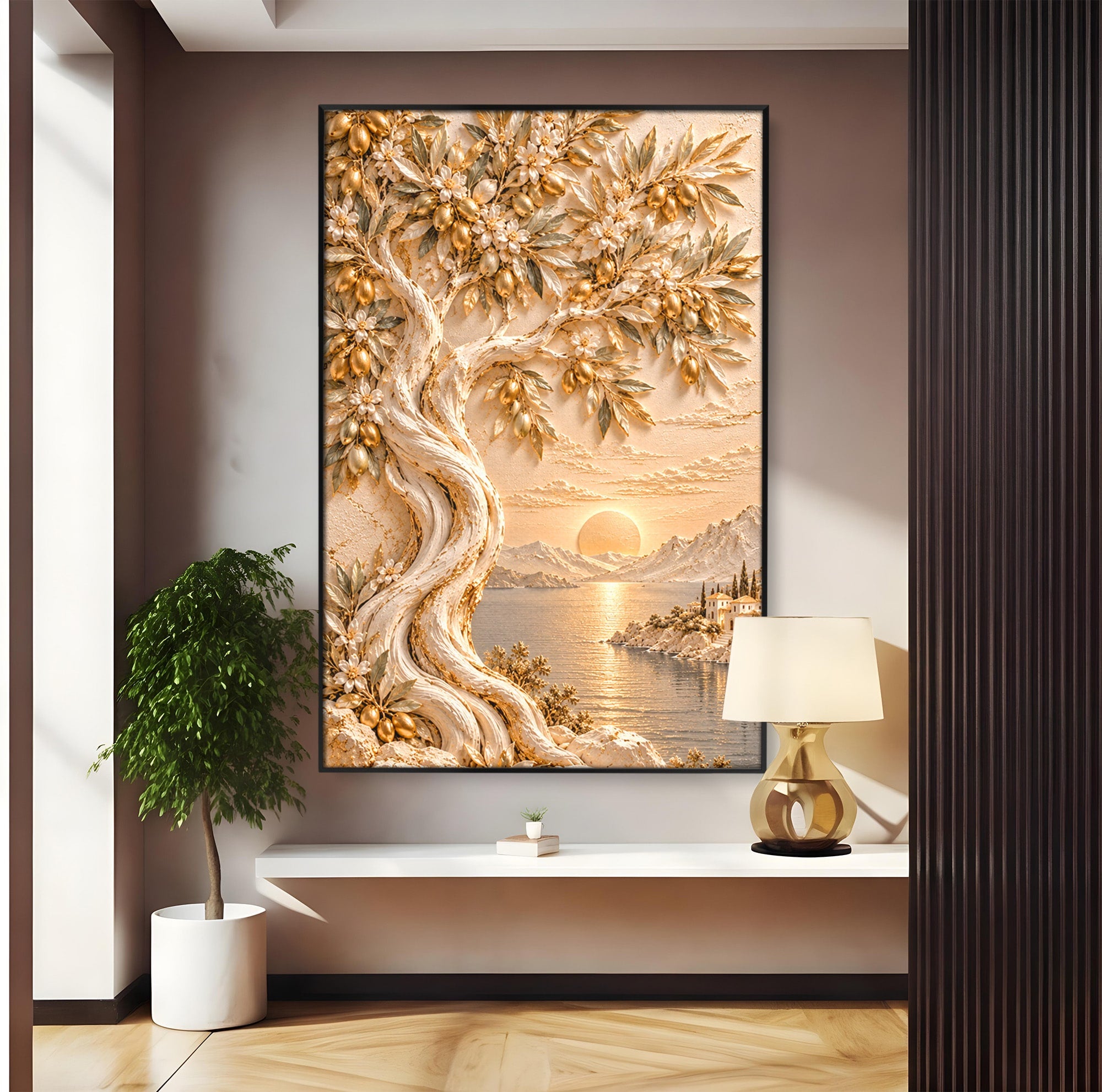 Tablou Canvas Premium LuxCanva® PI1431, Apus Auriu Pe Tarm, Peisaj, Apus, Natura, Copac, Culori Vibrante, Living, Dormitor