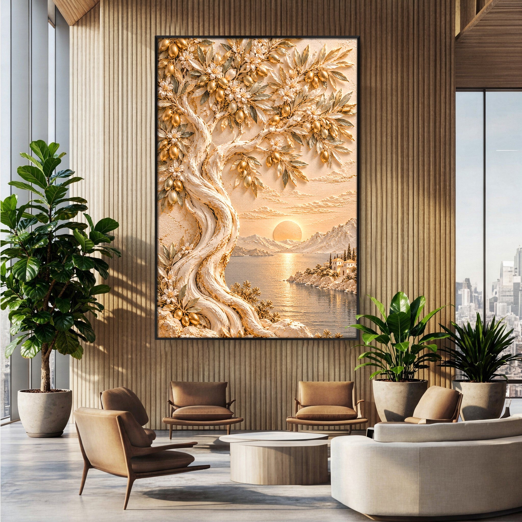 Tablou Canvas Premium LuxCanva® PI1431, Apus Auriu Pe Tarm, Peisaj, Apus, Natura, Copac, Culori Vibrante, Living, Dormitor