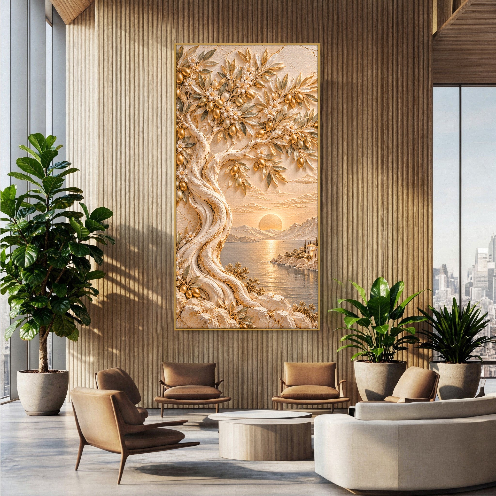 Tablou Canvas Premium LuxCanva® PI1431, Apus Auriu Pe Tarm, Peisaj, Apus, Natura, Copac, Culori Vibrante, Living, Dormitor