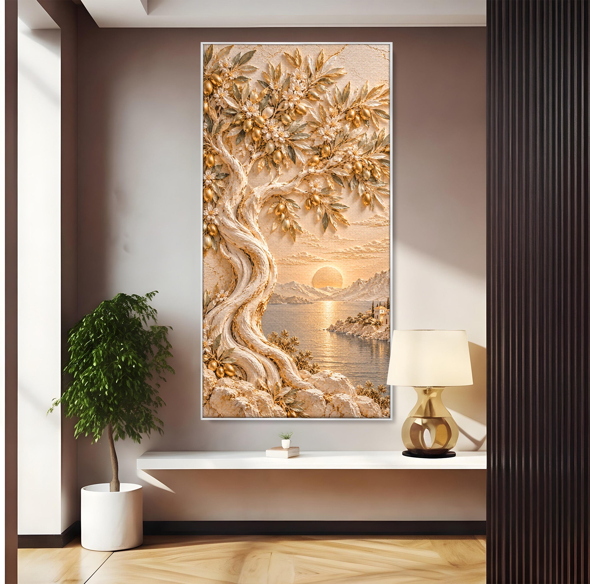 Tablou Canvas Premium LuxCanva® PI1431, Apus Auriu Pe Tarm, Peisaj, Apus, Natura, Copac, Culori Vibrante, Living, Dormitor