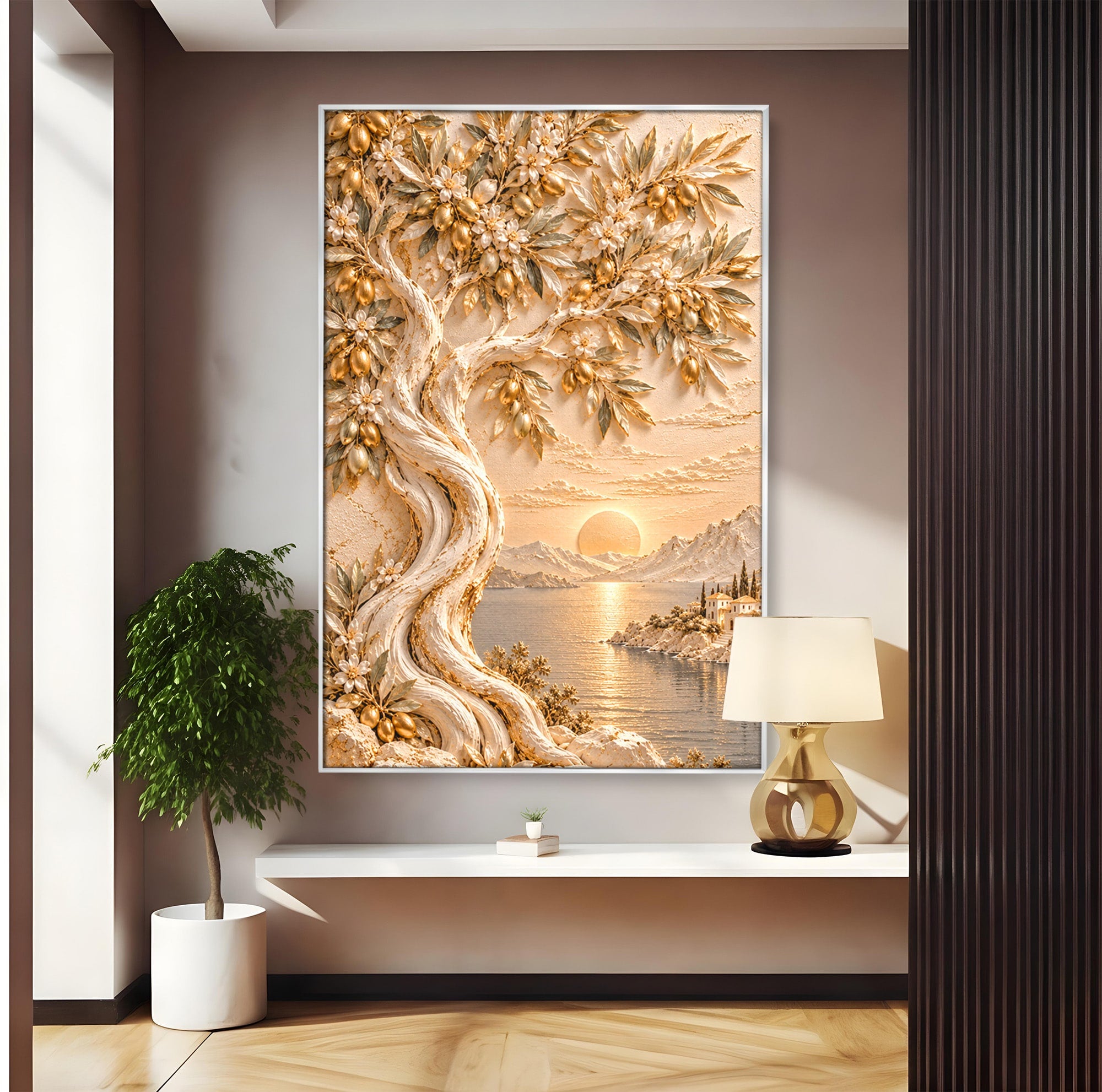 Tablou Canvas Premium LuxCanva® PI1431, Apus Auriu Pe Tarm, Peisaj, Apus, Natura, Copac, Culori Vibrante, Living, Dormitor