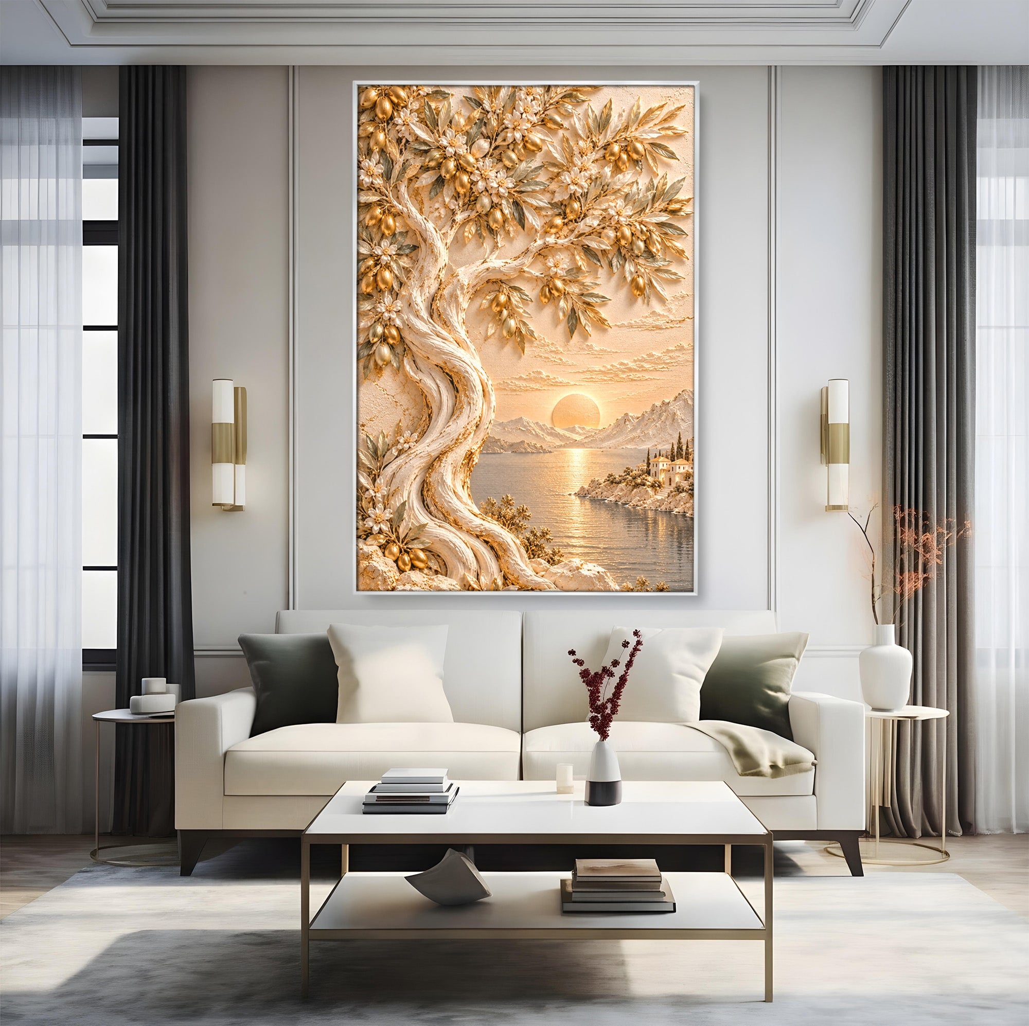 Tablou Canvas Premium LuxCanva® PI1431, Apus Auriu Pe Tarm, Peisaj, Apus, Natura, Copac, Culori Vibrante, Living, Dormitor