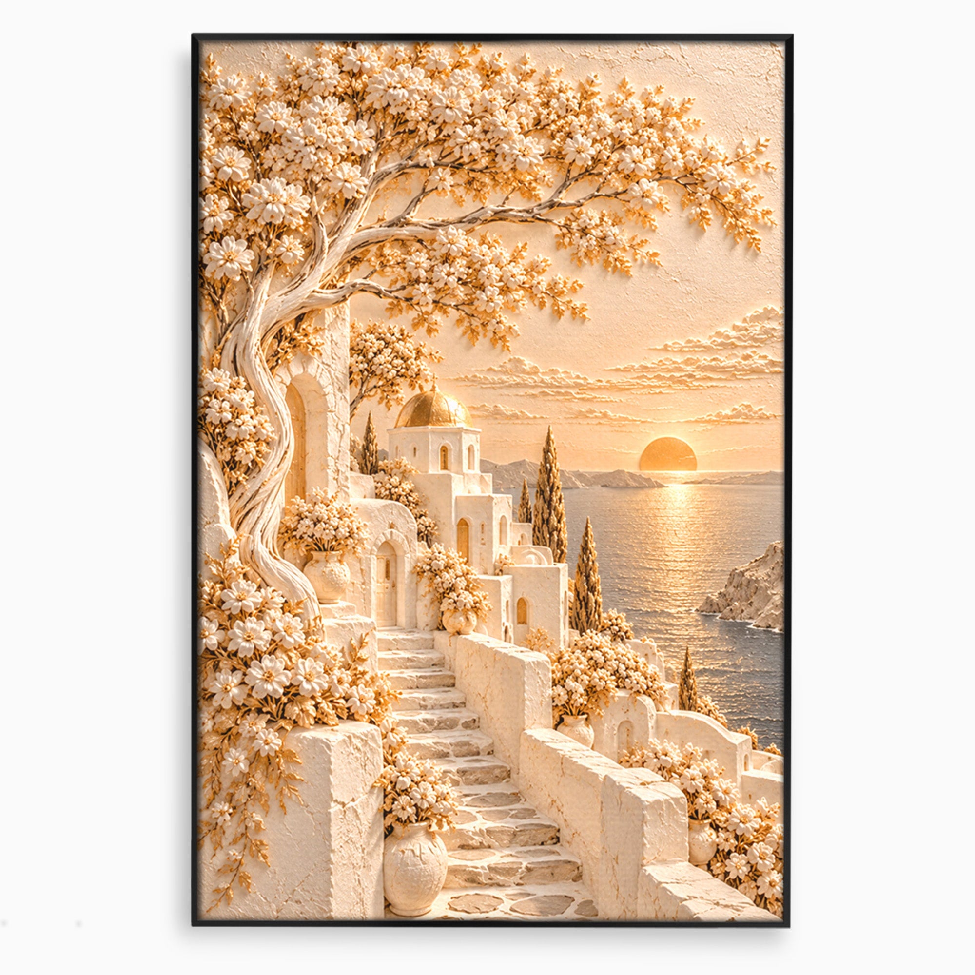 Tablou Canvas Premium LuxCanva® PI1432, Apus in Santorini, Vacanta, Apus, Mare, Peisaj, Escapada, Culori Vibrante, Living, Dormitor