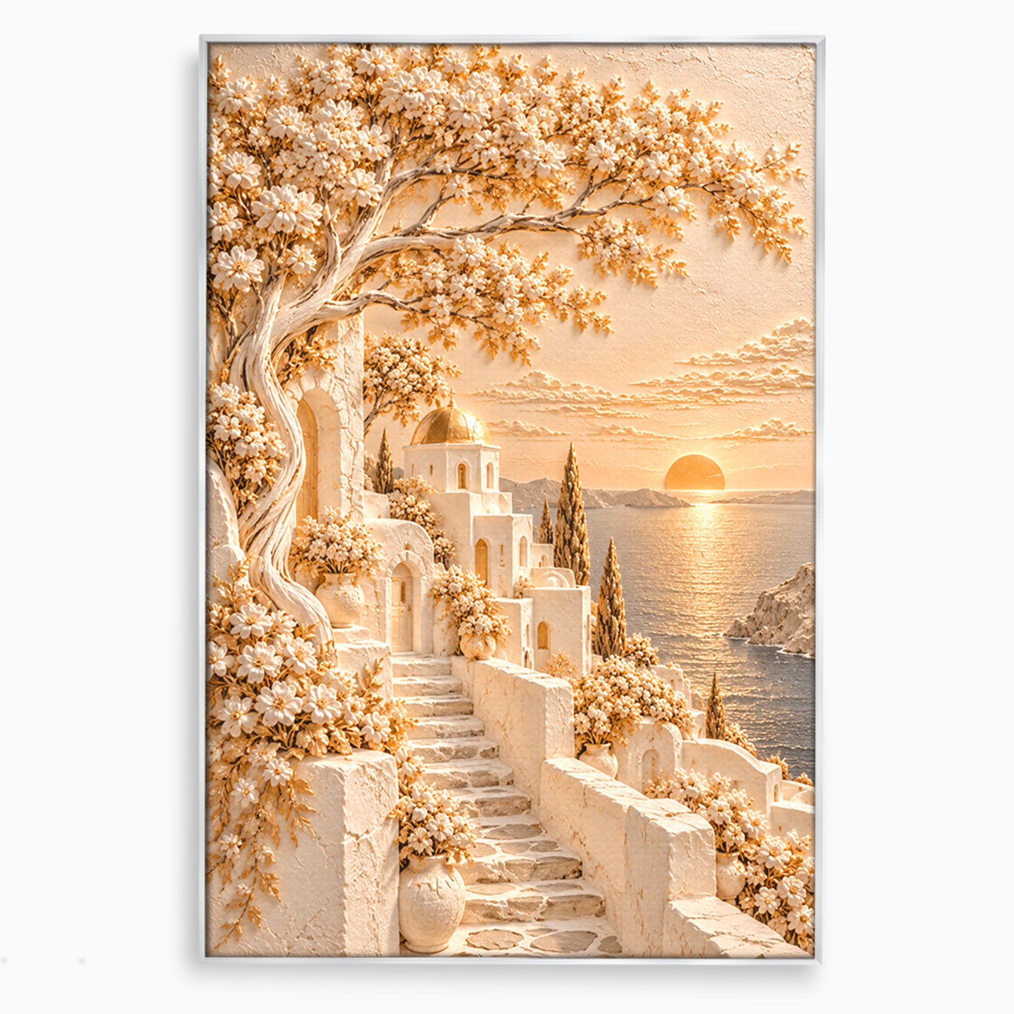 Tablou Canvas Premium LuxCanva® PI1432, Apus in Santorini, Vacanta, Apus, Mare, Peisaj, Escapada, Culori Vibrante, Living, Dormitor