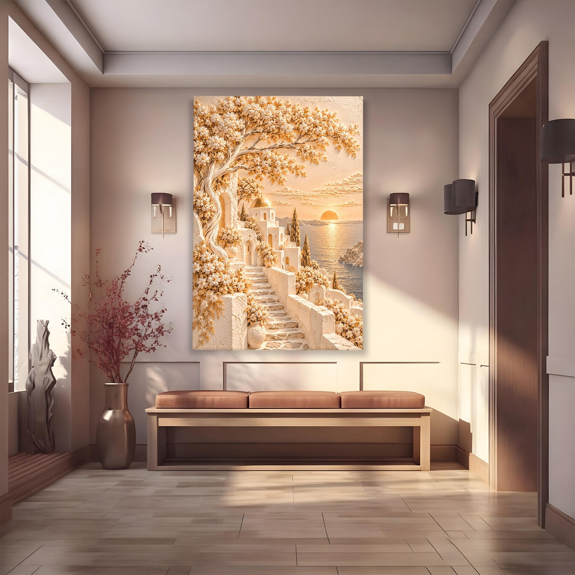 Tablou Canvas Premium LuxCanva® PI1432, Apus in Santorini, Vacanta, Apus, Mare, Peisaj, Escapada, Culori Vibrante, Living, Dormitor