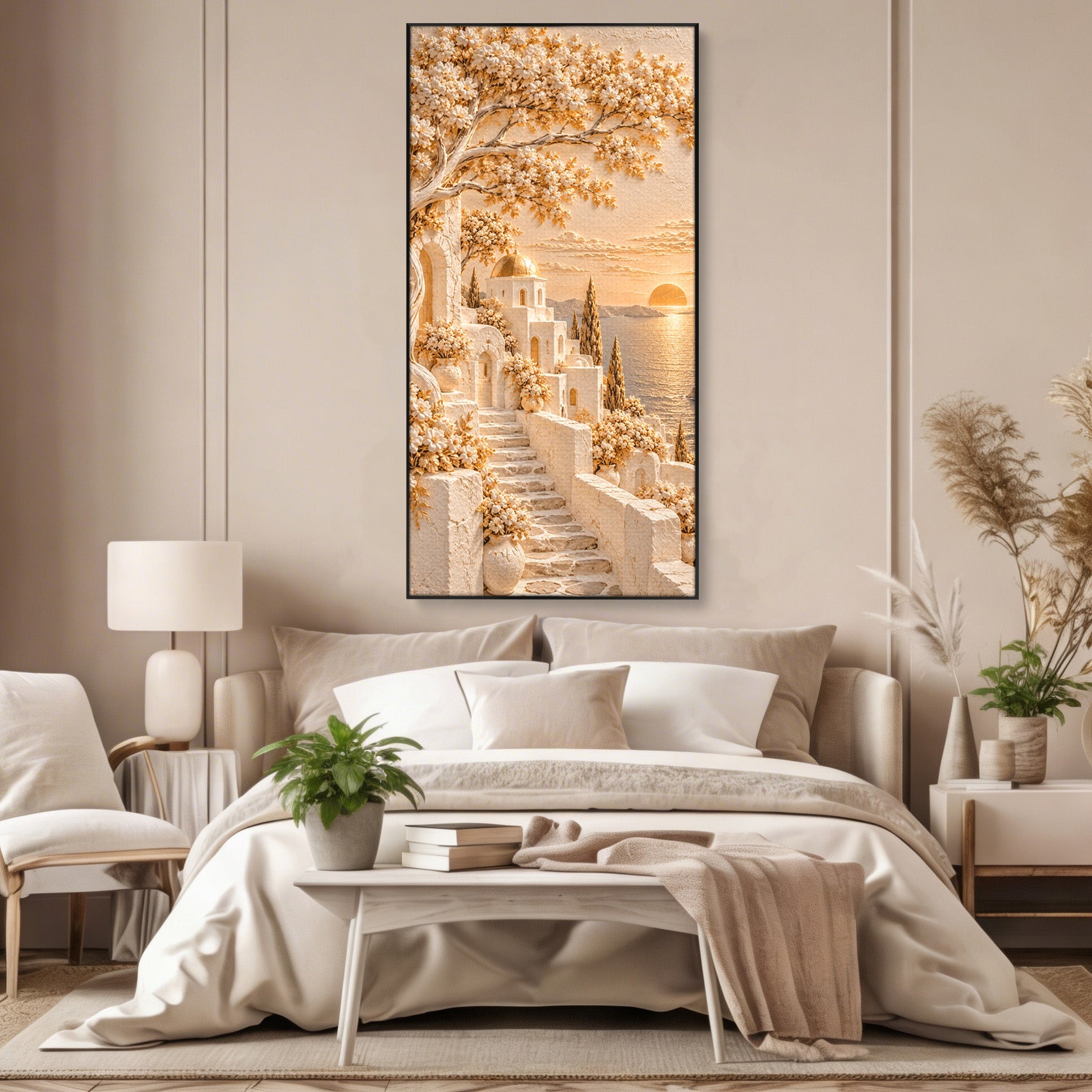 Tablou Canvas Premium LuxCanva® PI1432, Apus in Santorini, Vacanta, Apus, Mare, Peisaj, Escapada, Culori Vibrante, Living, Dormitor
