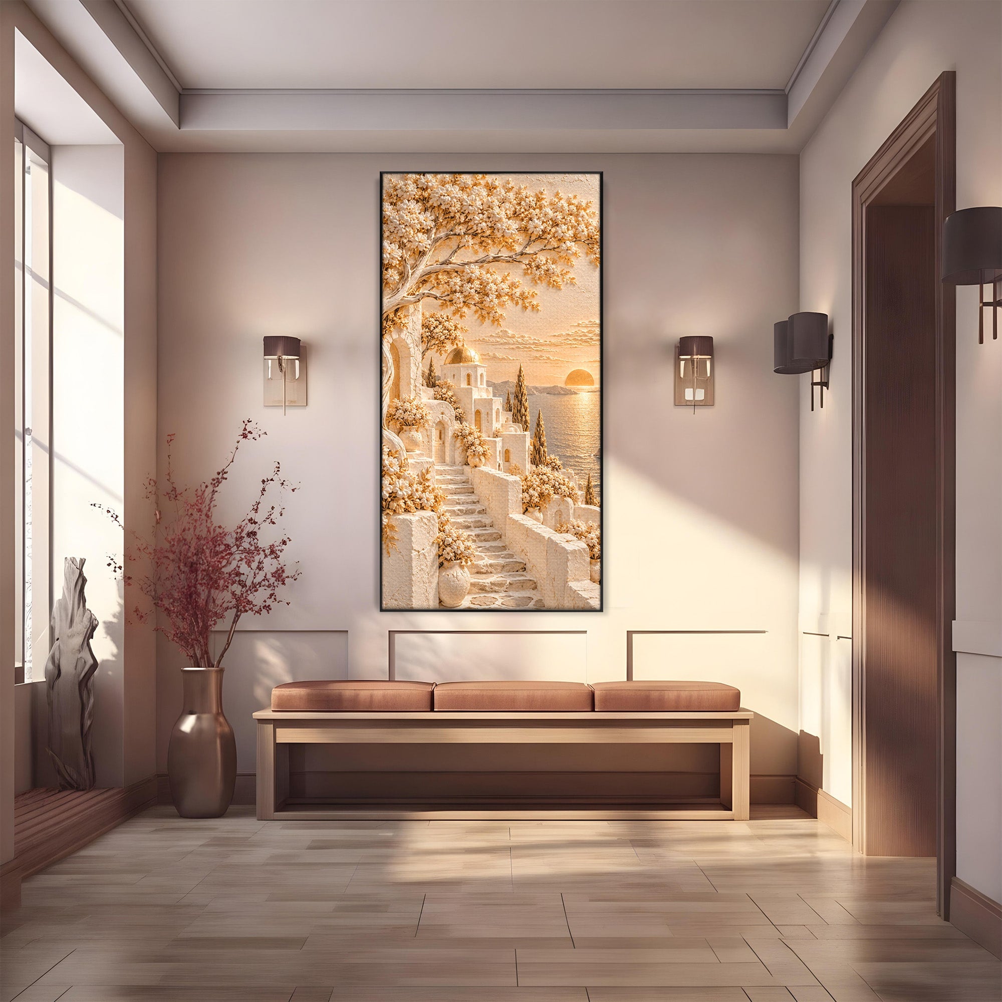 Tablou Canvas Premium LuxCanva® PI1432, Apus in Santorini, Vacanta, Apus, Mare, Peisaj, Escapada, Culori Vibrante, Living, Dormitor