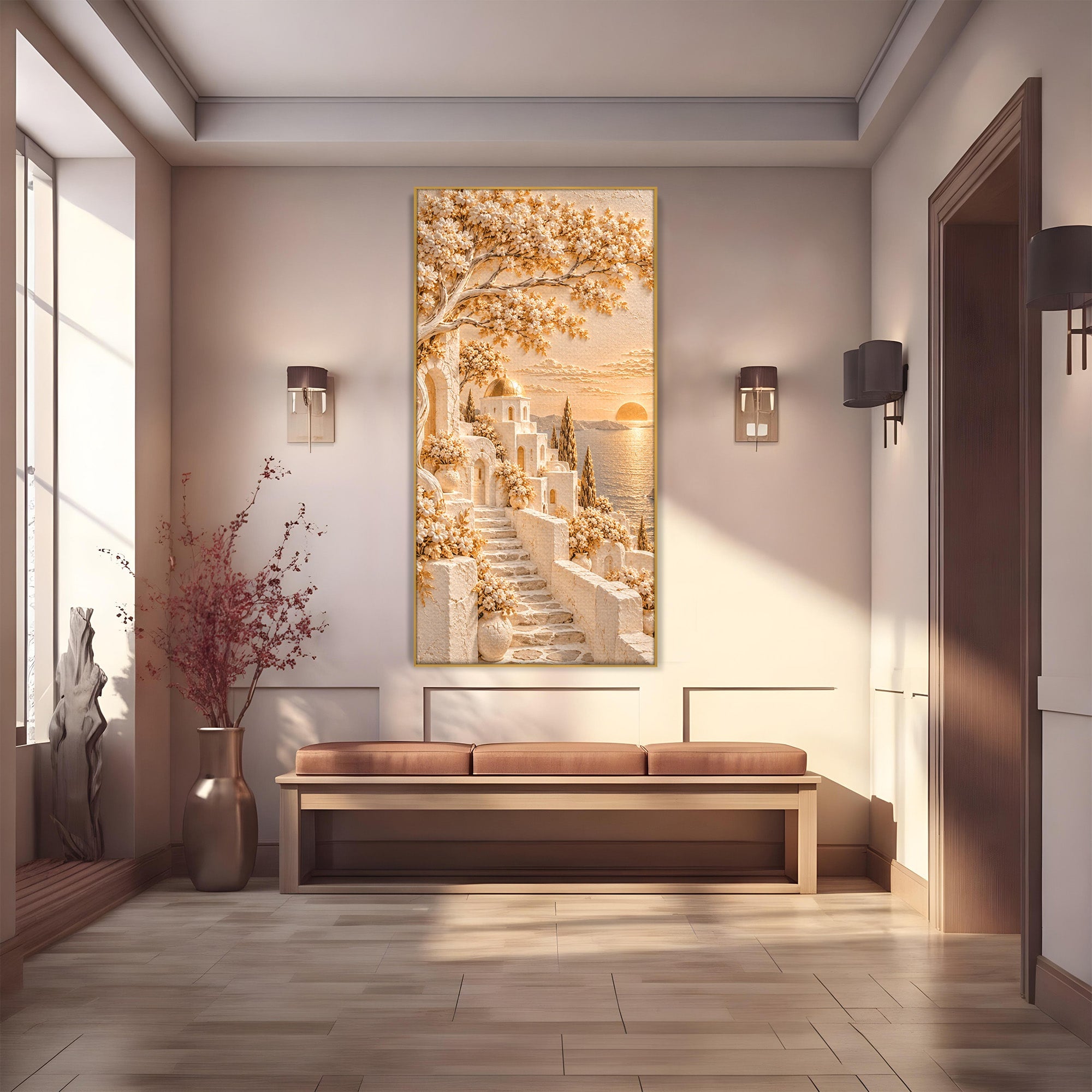 Tablou Canvas Premium LuxCanva® PI1432, Apus in Santorini, Vacanta, Apus, Mare, Peisaj, Escapada, Culori Vibrante, Living, Dormitor