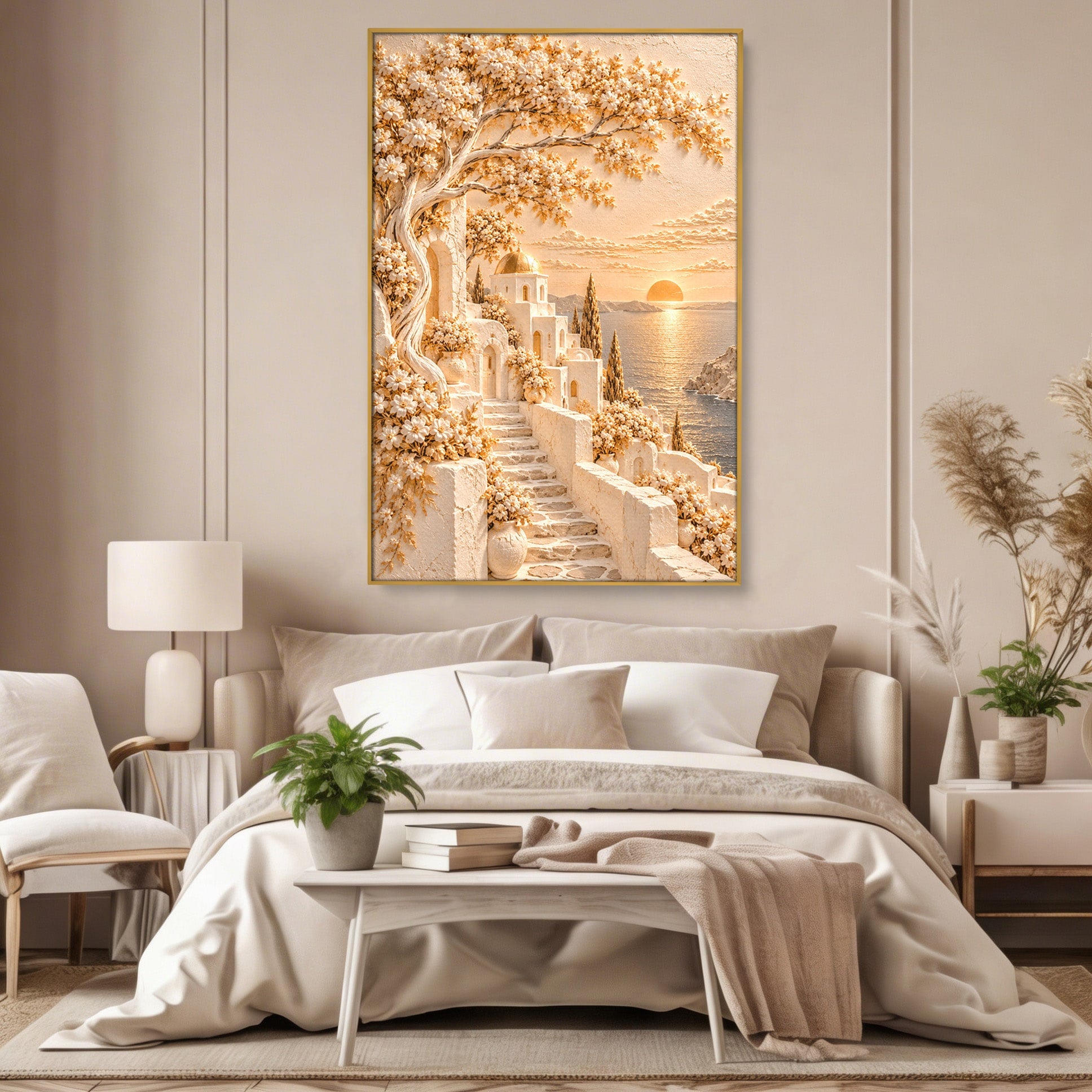 Tablou Canvas Premium LuxCanva® PI1432, Apus in Santorini, Vacanta, Apus, Mare, Peisaj, Escapada, Culori Vibrante, Living, Dormitor