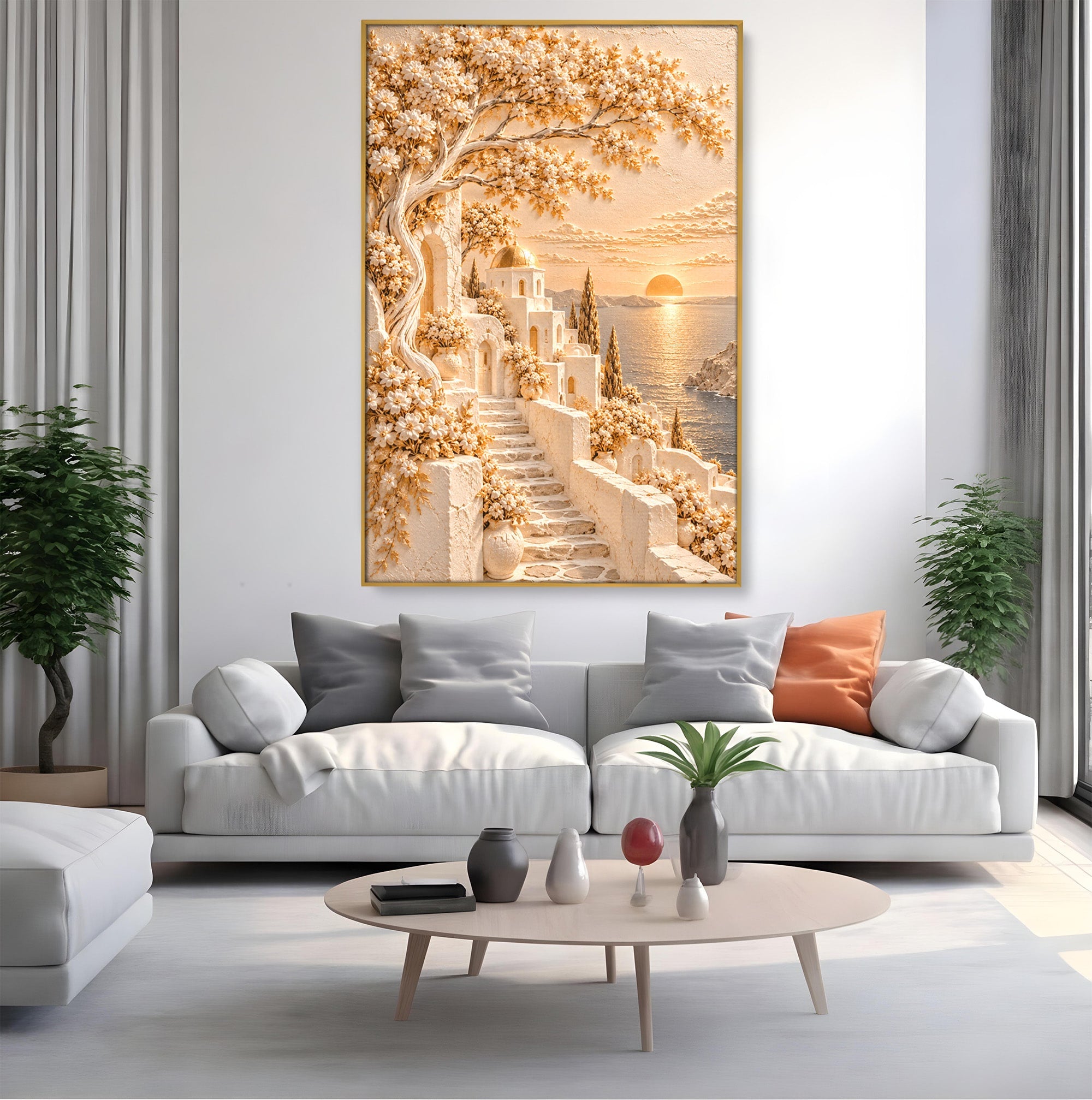 Tablou Canvas Premium LuxCanva® PI1432, Apus in Santorini, Vacanta, Apus, Mare, Peisaj, Escapada, Culori Vibrante, Living, Dormitor