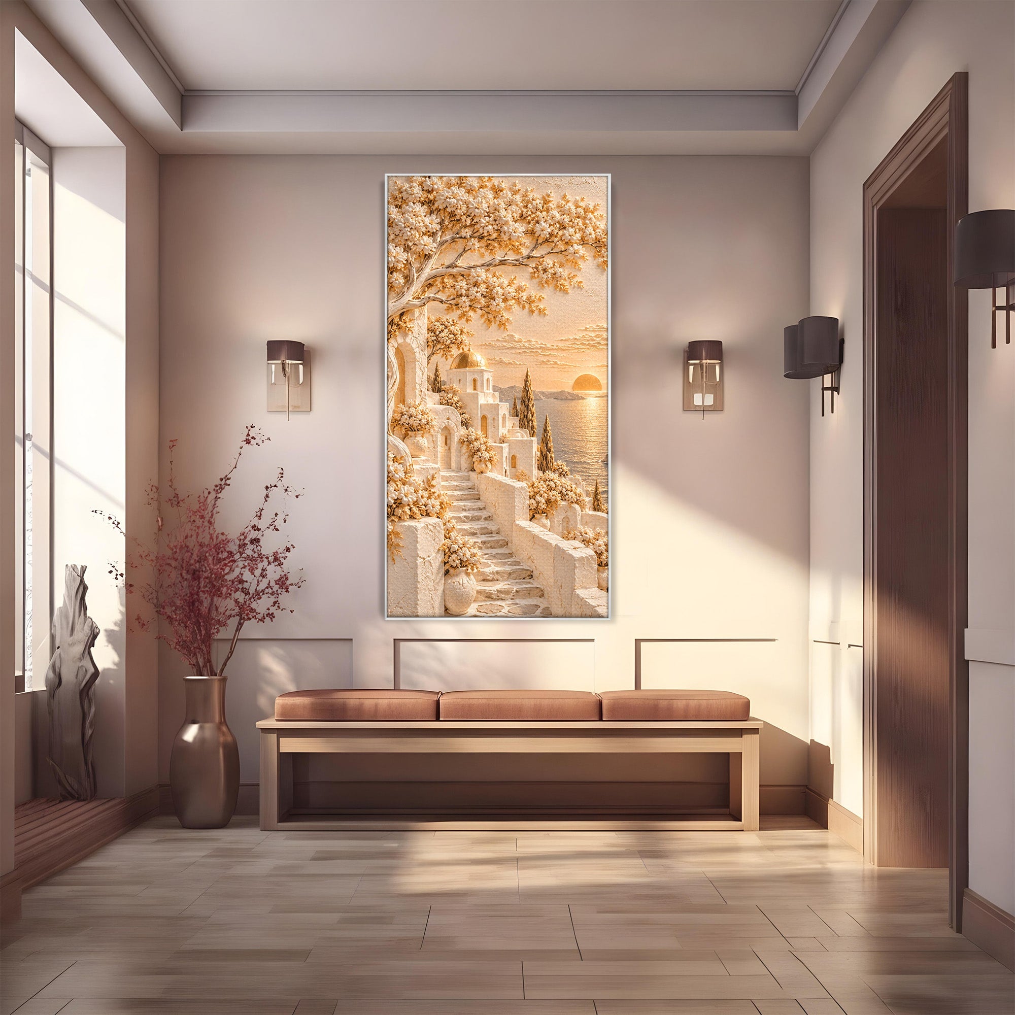 Tablou Canvas Premium LuxCanva® PI1432, Apus in Santorini, Vacanta, Apus, Mare, Peisaj, Escapada, Culori Vibrante, Living, Dormitor