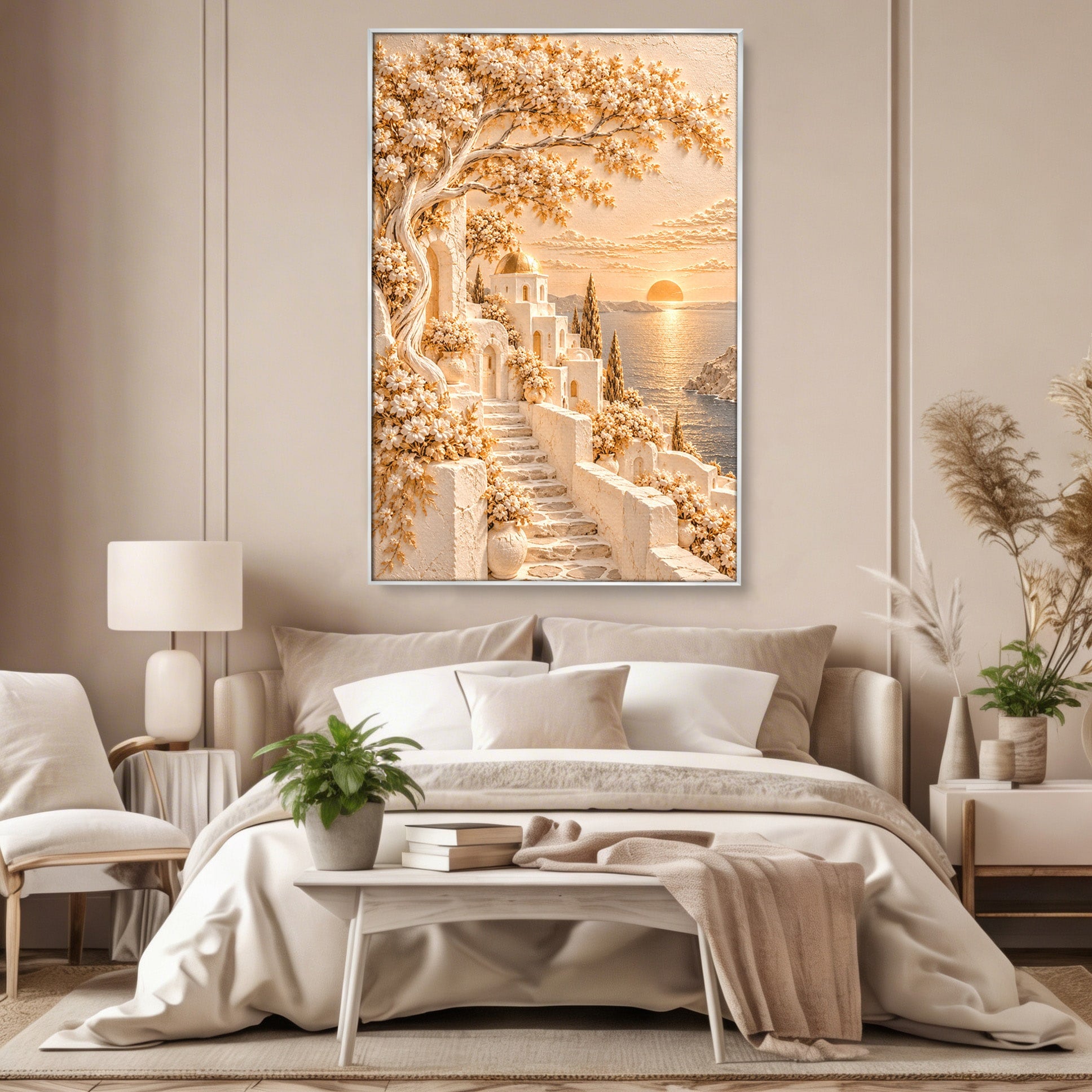 Tablou Canvas Premium LuxCanva® PI1432, Apus in Santorini, Vacanta, Apus, Mare, Peisaj, Escapada, Culori Vibrante, Living, Dormitor