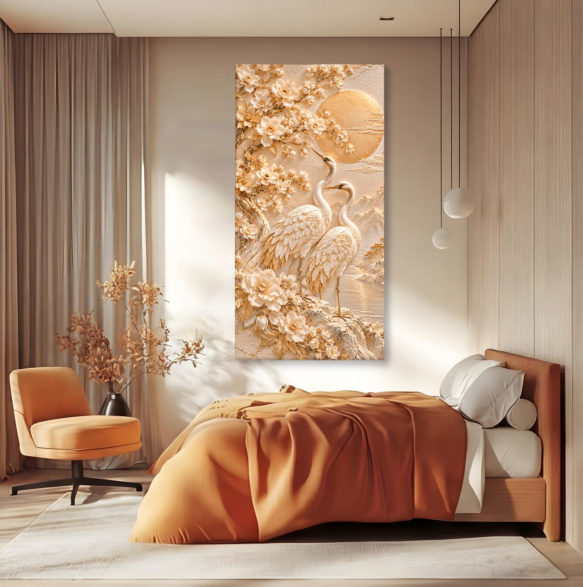 Tablou Canvas Premium LuxCanva® PI1433, Cocori In Gradina Zen, Pasari, Flori, Peisaj, Arta Zen, Culori Vibrante, Living, Dormitor