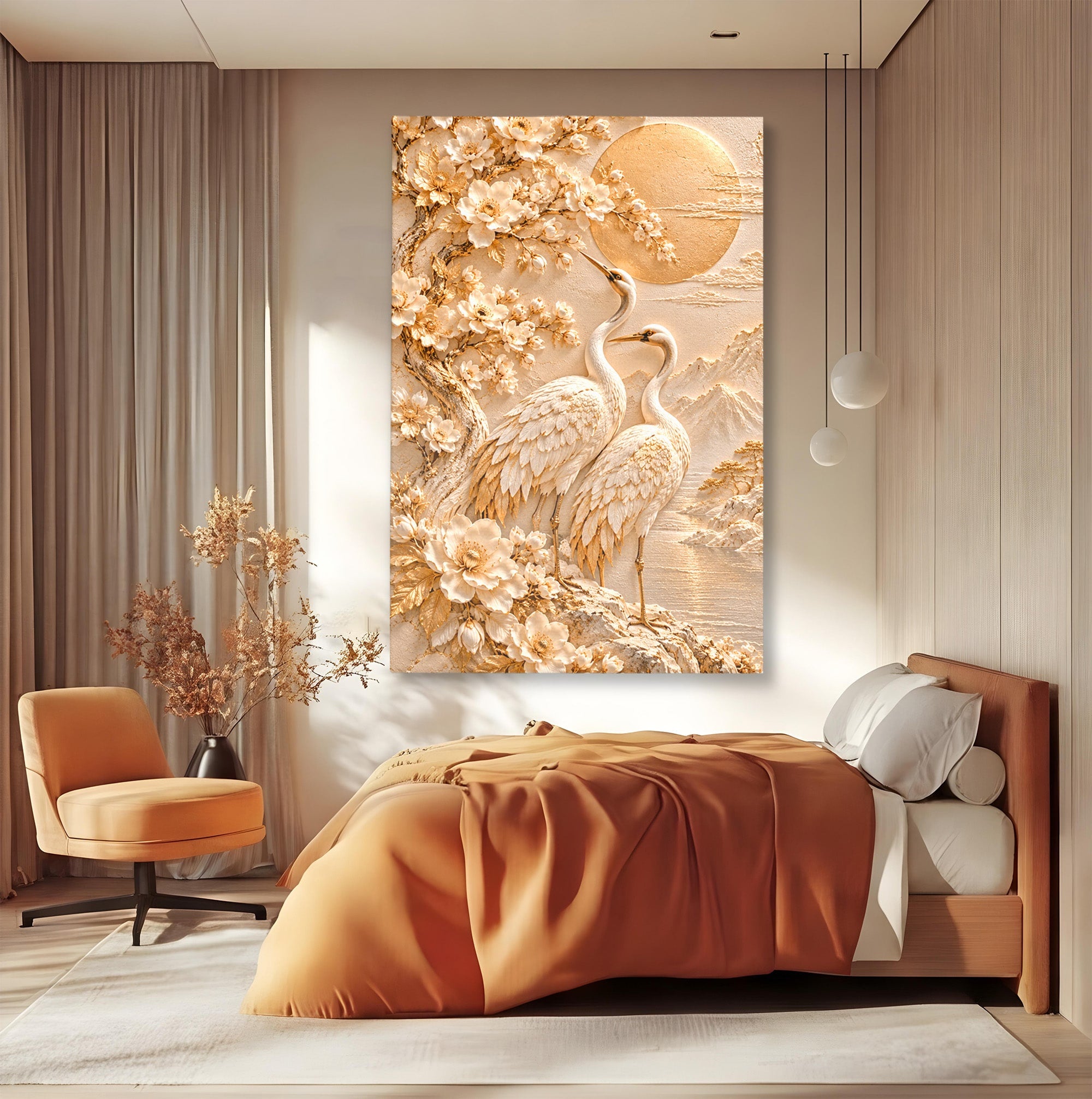 Tablou Canvas Premium LuxCanva® PI1433, Cocori In Gradina Zen, Pasari, Flori, Peisaj, Arta Zen, Culori Vibrante, Living, Dormitor