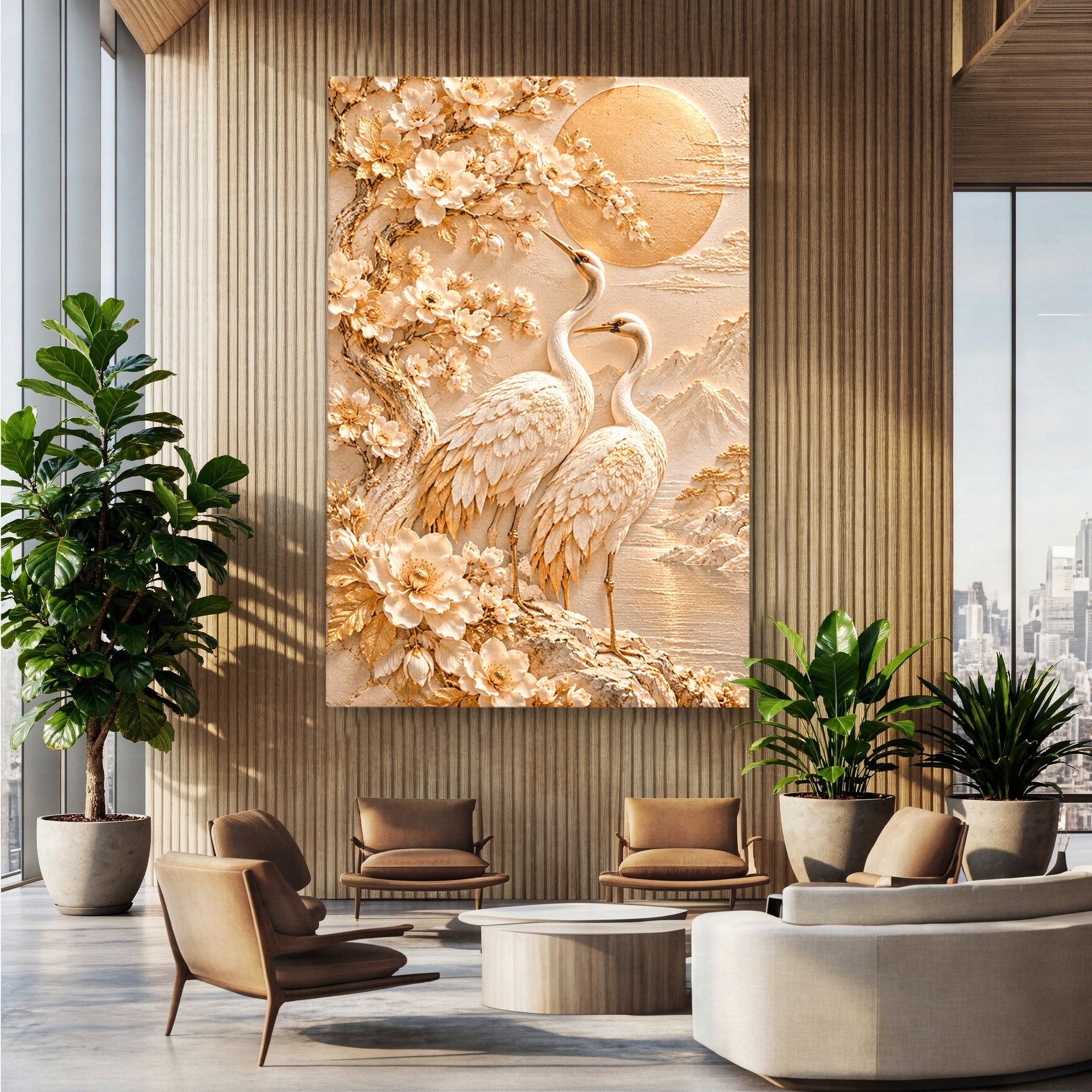 Tablou Canvas Premium LuxCanva® PI1433, Cocori In Gradina Zen, Pasari, Flori, Peisaj, Arta Zen, Culori Vibrante, Living, Dormitor