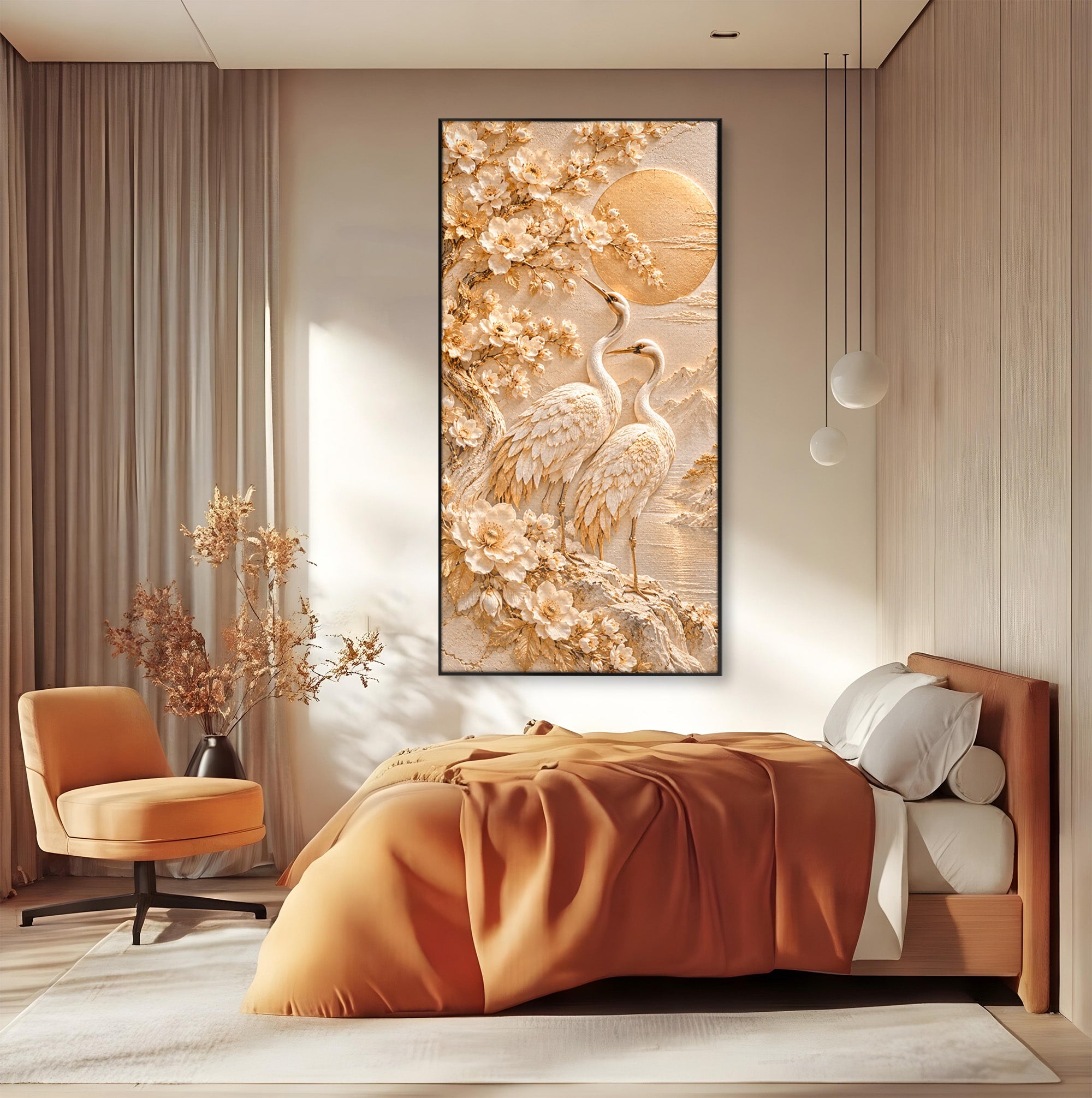 Tablou Canvas Premium LuxCanva® PI1433, Cocori In Gradina Zen, Pasari, Flori, Peisaj, Arta Zen, Culori Vibrante, Living, Dormitor