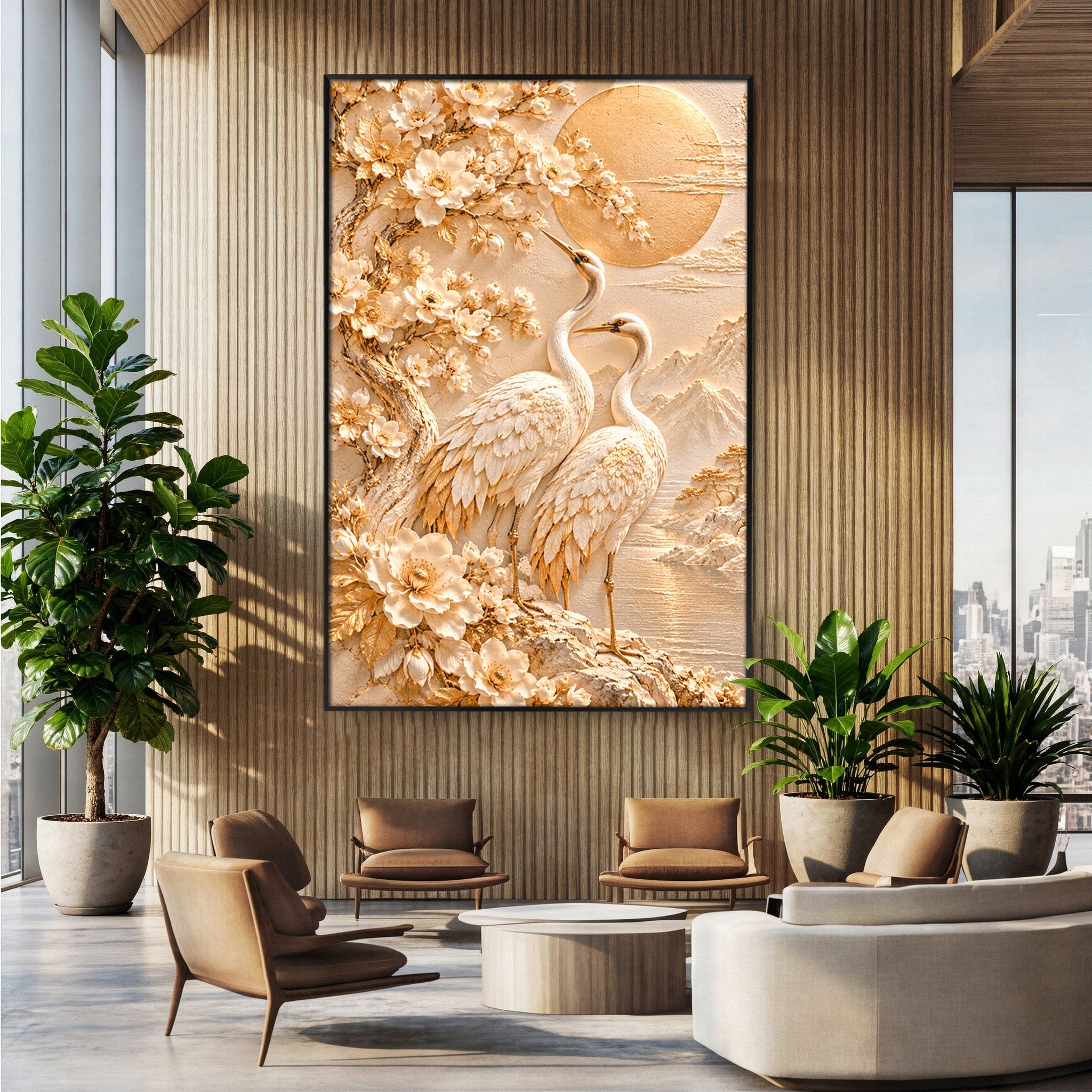 Tablou Canvas Premium LuxCanva® PI1433, Cocori In Gradina Zen, Pasari, Flori, Peisaj, Arta Zen, Culori Vibrante, Living, Dormitor