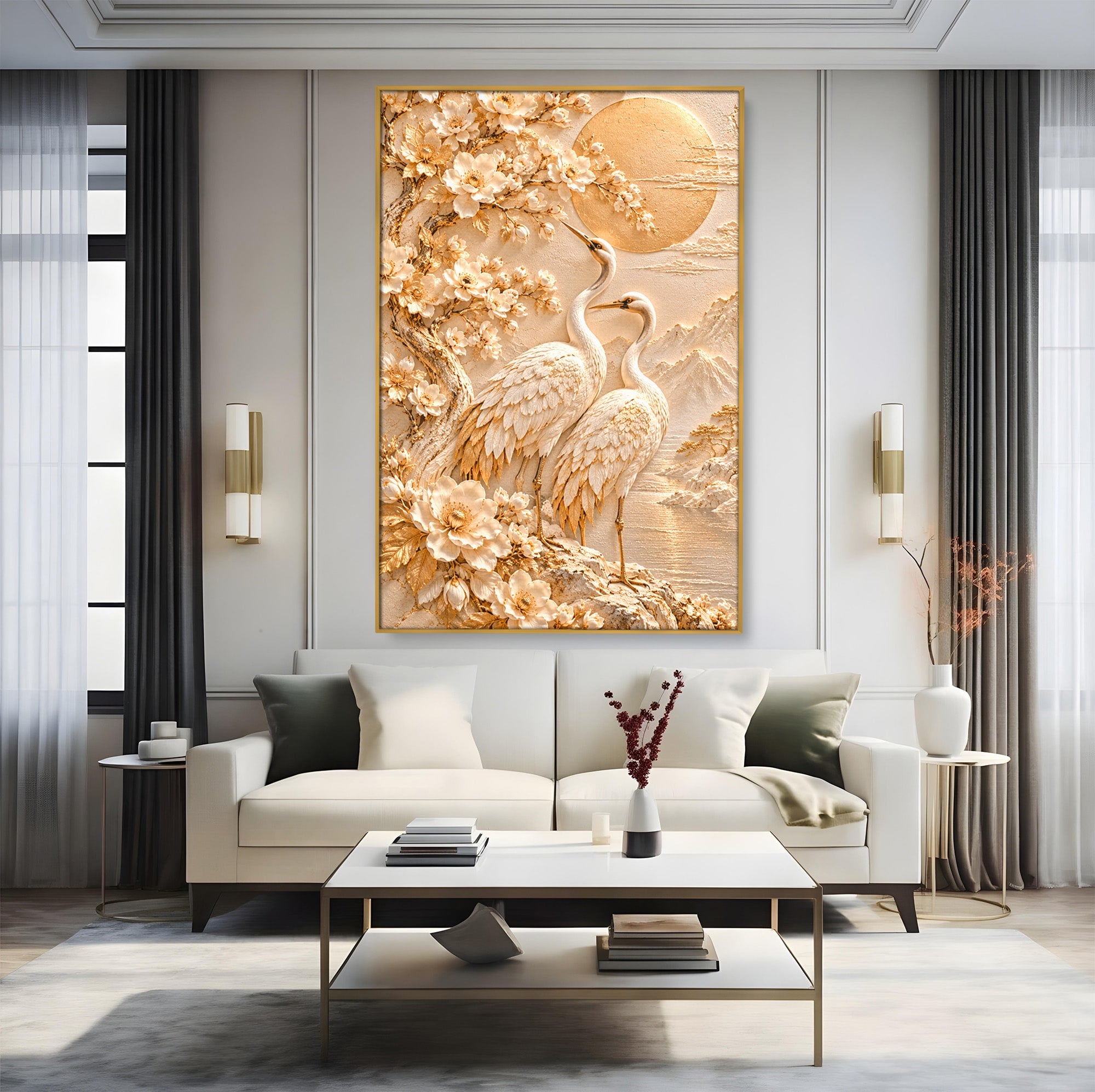 Tablou Canvas Premium LuxCanva® PI1433, Cocori In Gradina Zen, Pasari, Flori, Peisaj, Arta Zen, Culori Vibrante, Living, Dormitor