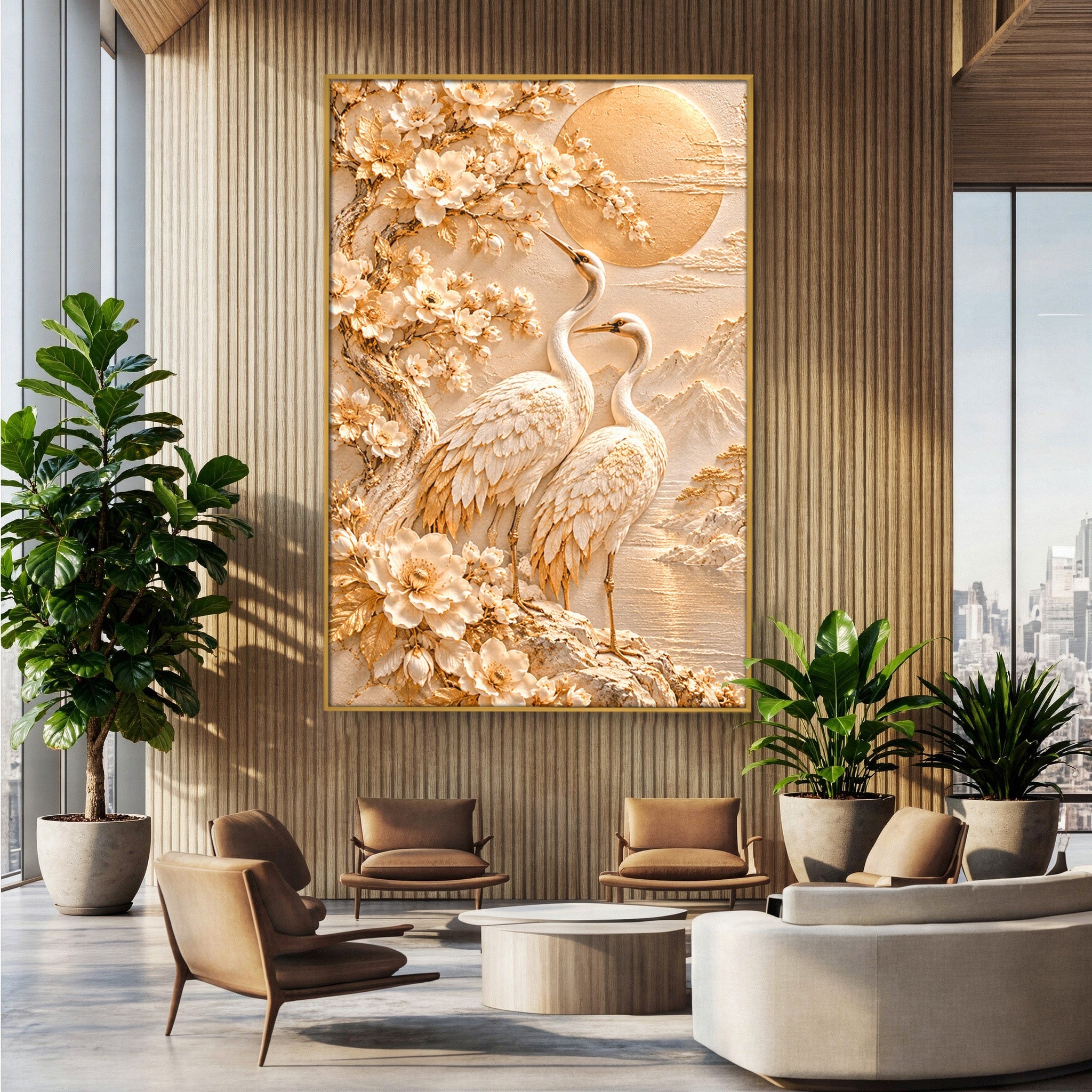 Tablou Canvas Premium LuxCanva® PI1433, Cocori In Gradina Zen, Pasari, Flori, Peisaj, Arta Zen, Culori Vibrante, Living, Dormitor