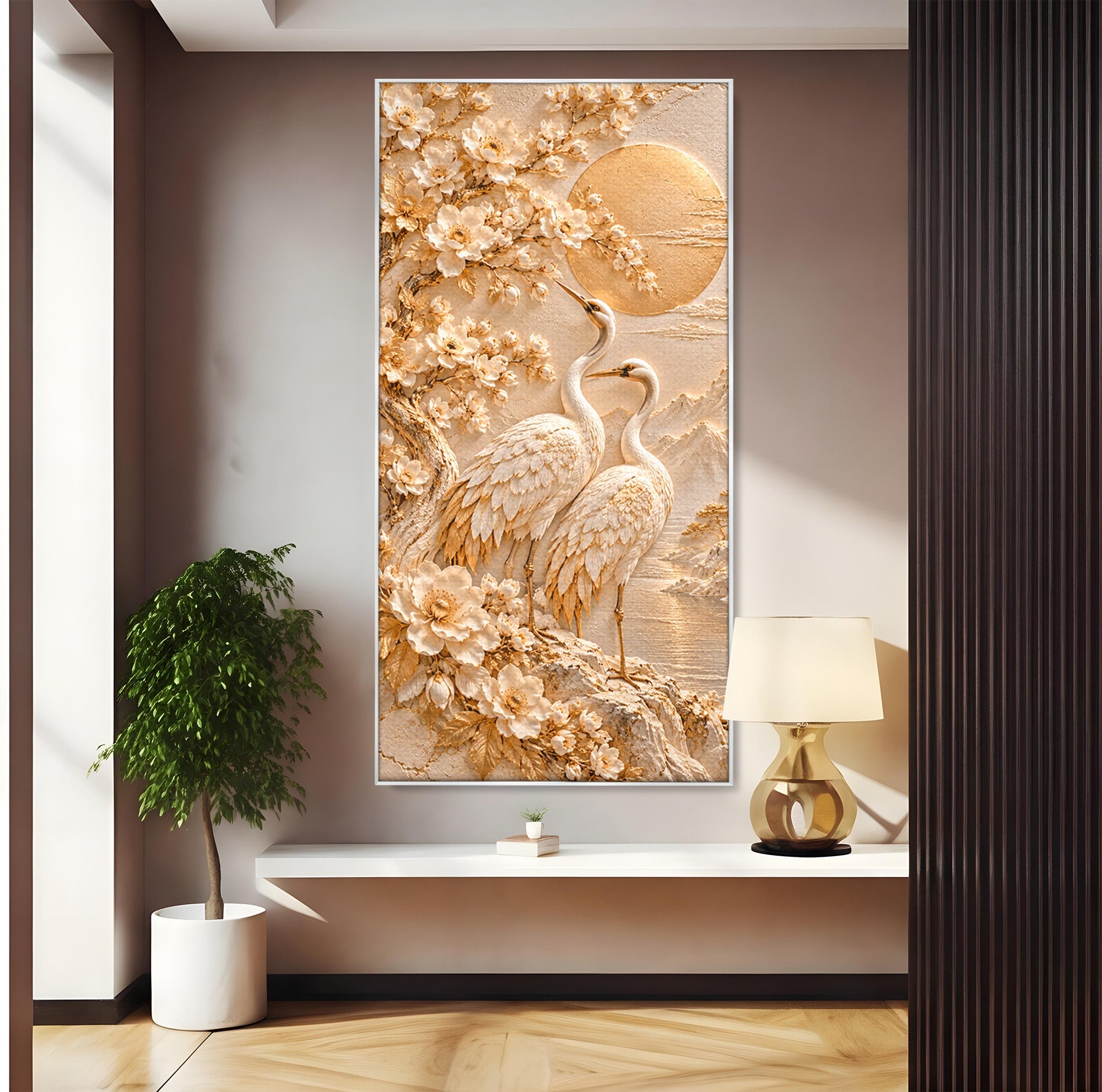 Tablou Canvas Premium LuxCanva® PI1433, Cocori In Gradina Zen, Pasari, Flori, Peisaj, Arta Zen, Culori Vibrante, Living, Dormitor