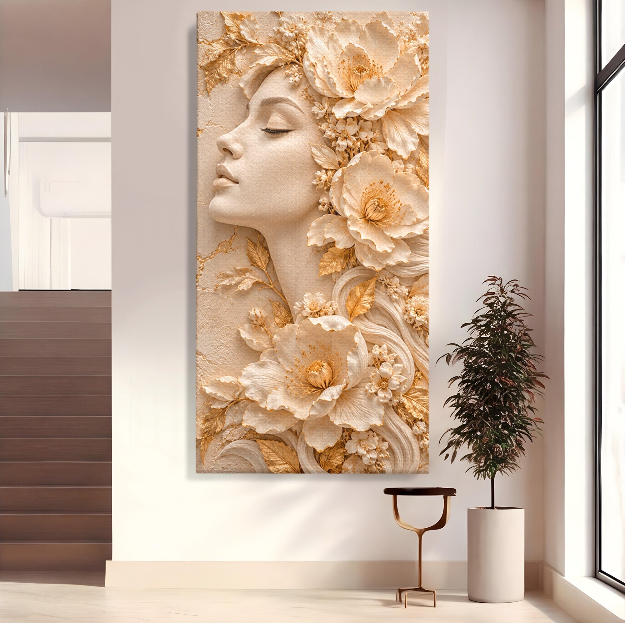 Tablou Canvas Premium LuxCanva® PI1434, Eleganta Florala, Femeie, Flori, Eleganta, Arta, Culori Vibrante, Living, Dormitor, Salon