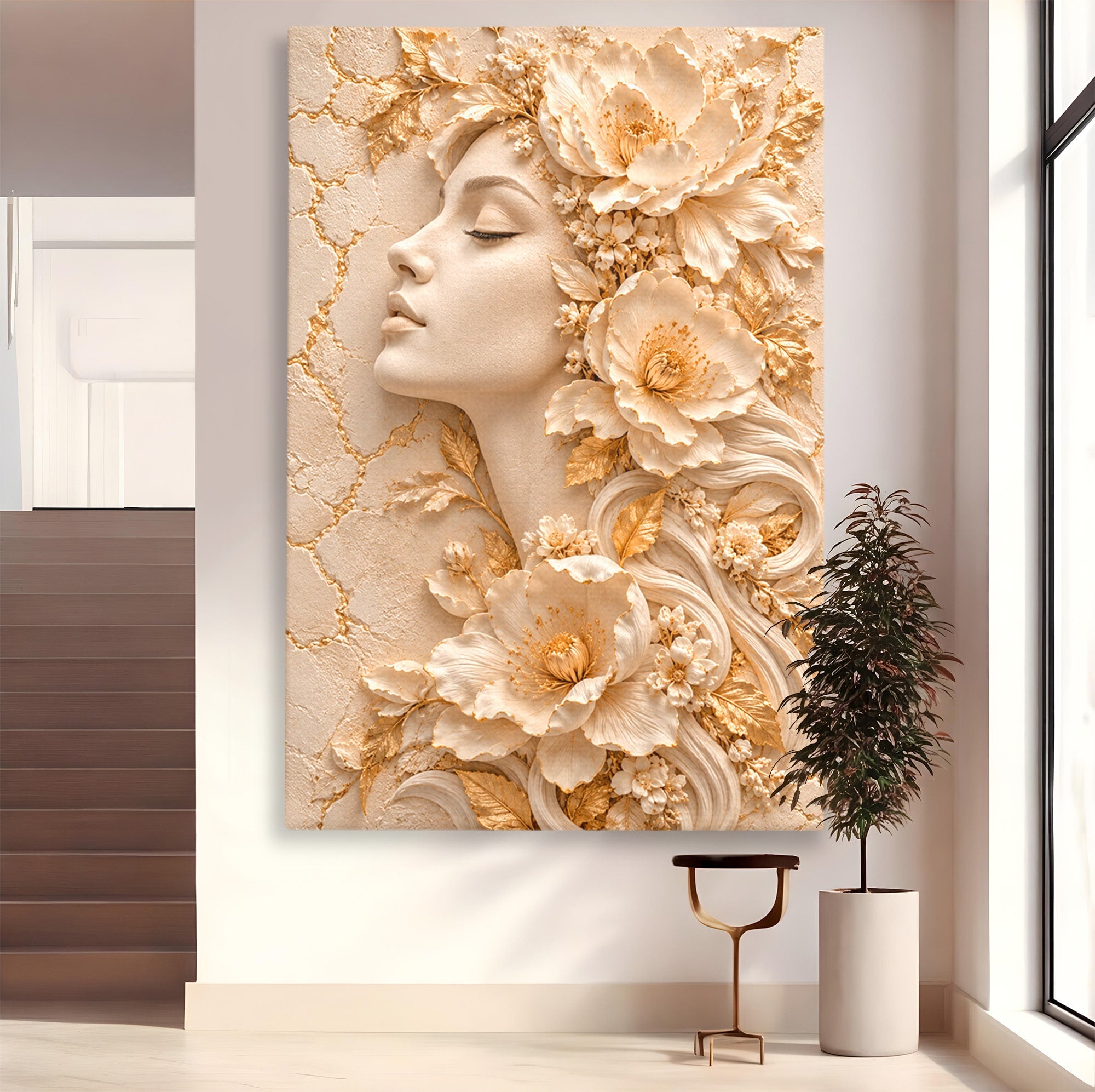 Tablou Canvas Premium LuxCanva® PI1434, Eleganta Florala, Femeie, Flori, Eleganta, Arta, Culori Vibrante, Living, Dormitor, Salon