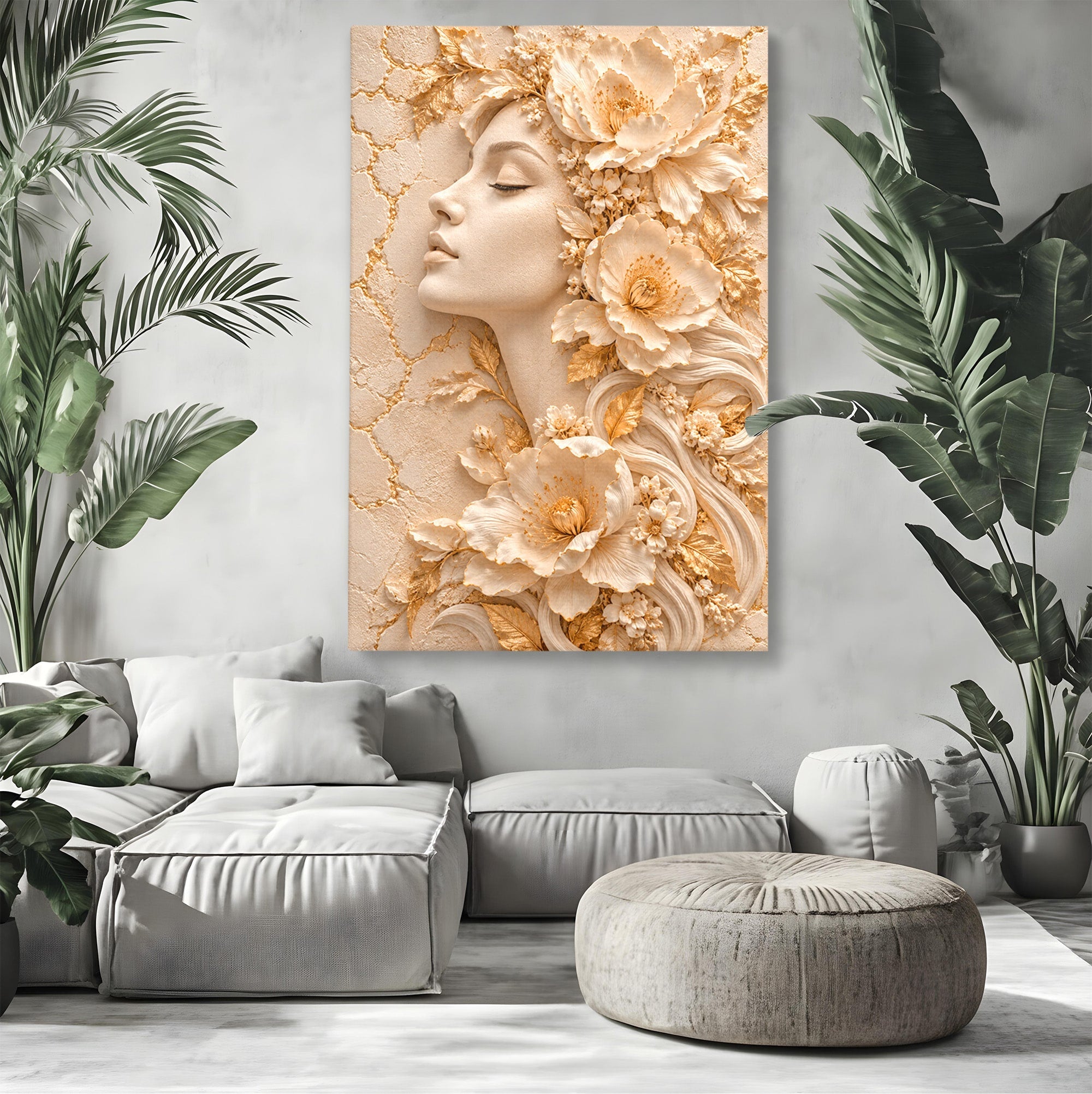 Tablou Canvas Premium LuxCanva® PI1434, Eleganta Florala, Femeie, Flori, Eleganta, Arta, Culori Vibrante, Living, Dormitor, Salon