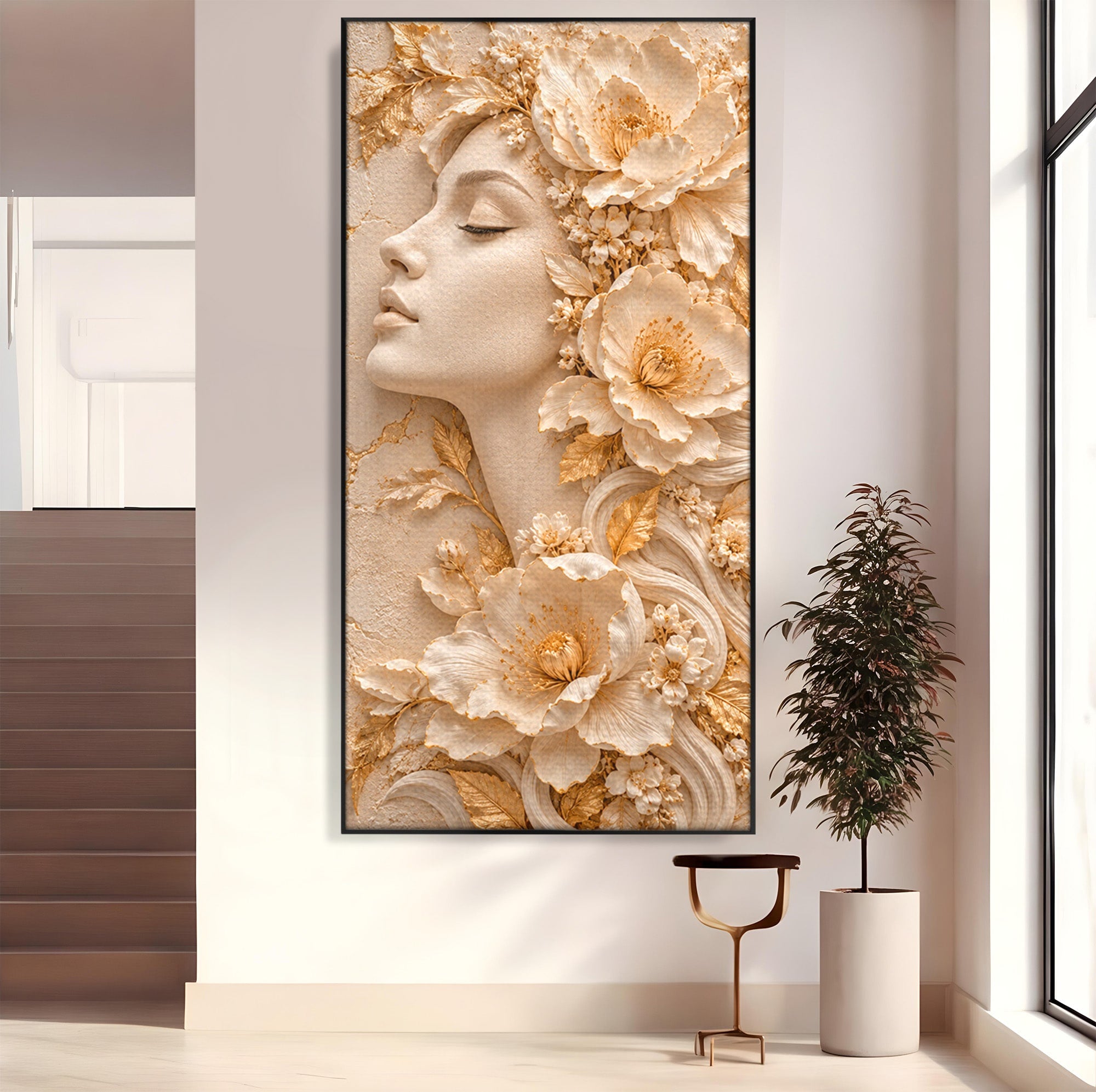 Tablou Canvas Premium LuxCanva® PI1434, Eleganta Florala, Femeie, Flori, Eleganta, Arta, Culori Vibrante, Living, Dormitor, Salon