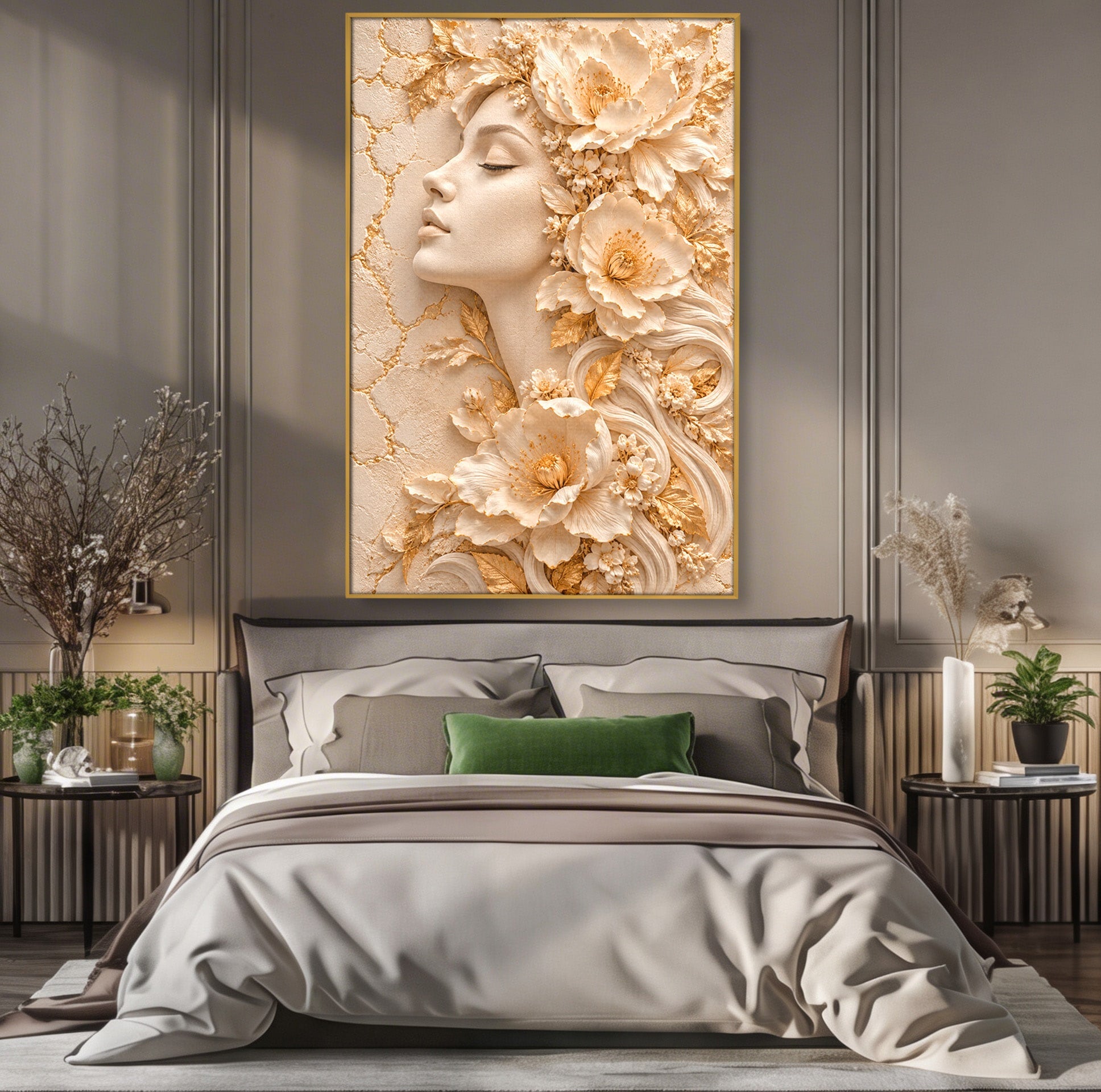Tablou Canvas Premium LuxCanva® PI1434, Eleganta Florala, Femeie, Flori, Eleganta, Arta, Culori Vibrante, Living, Dormitor, Salon