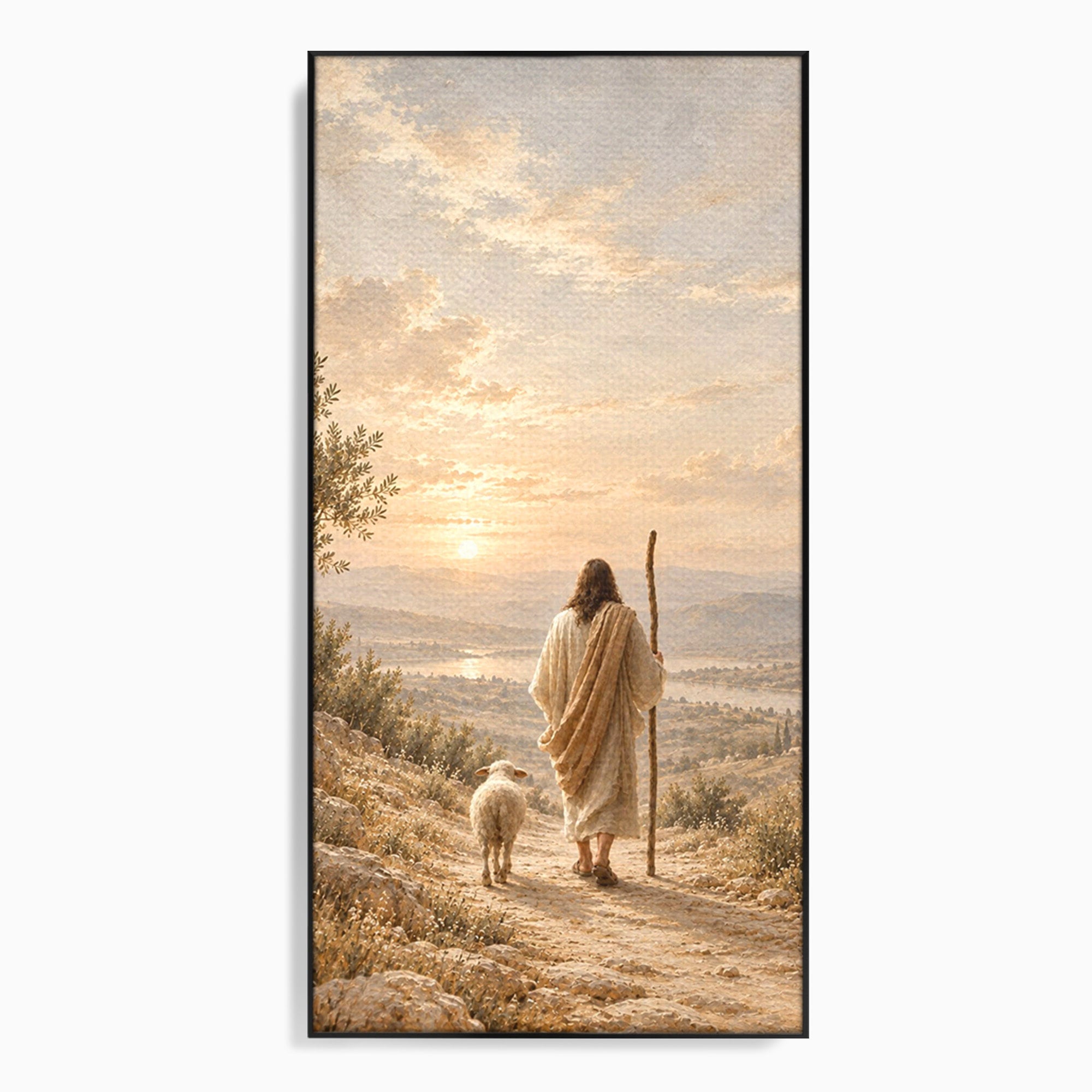 Tablou Canvas Premium LuxCanva® PI1438, Isus si Mielul, Invatator, Peisaj, Natura, Apus, Mesia, Credinta, Liniste, Culori Vibrante, Living, Dormitor