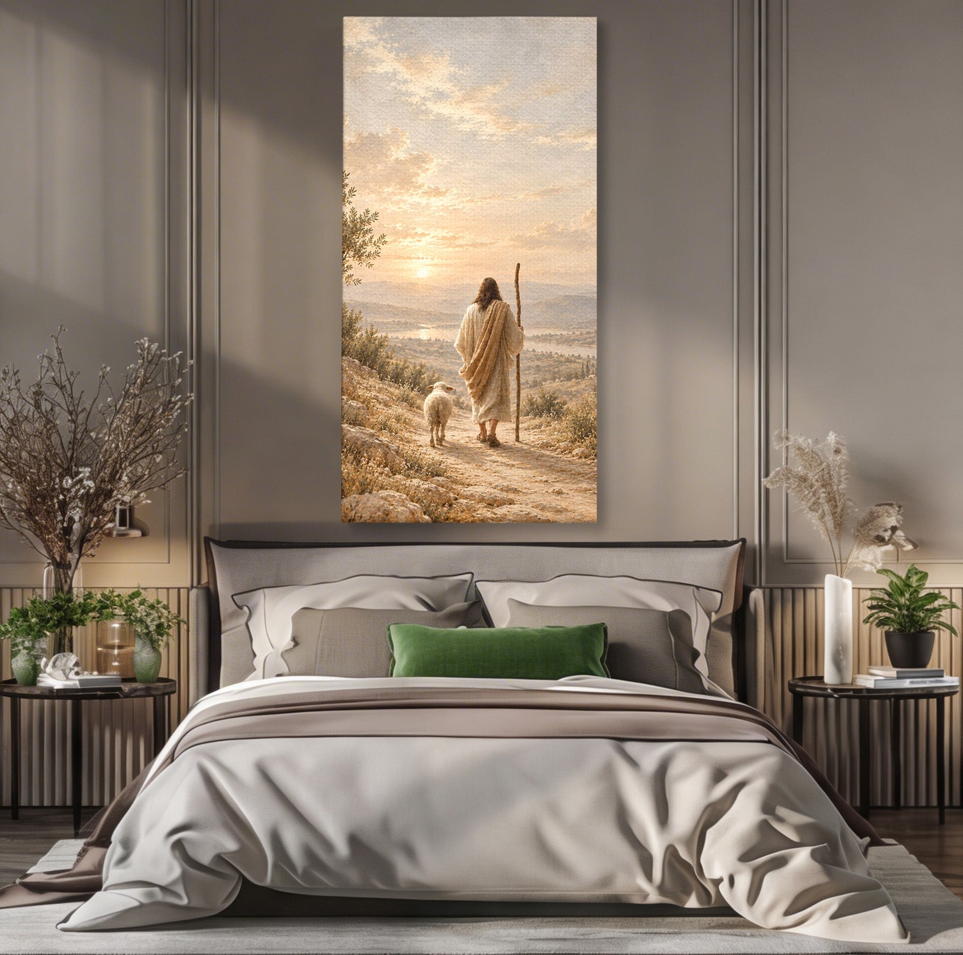 Tablou Canvas Premium LuxCanva® PI1438, Isus si Mielul, Invatator, Peisaj, Natura, Apus, Mesia, Credinta, Liniste, Culori Vibrante, Living, Dormitor