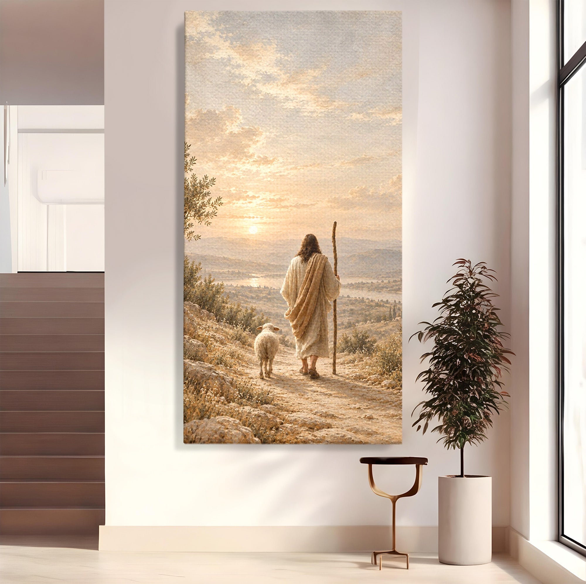 Tablou Canvas Premium LuxCanva® PI1438, Isus si Mielul, Invatator, Peisaj, Natura, Apus, Mesia, Credinta, Liniste, Culori Vibrante, Living, Dormitor