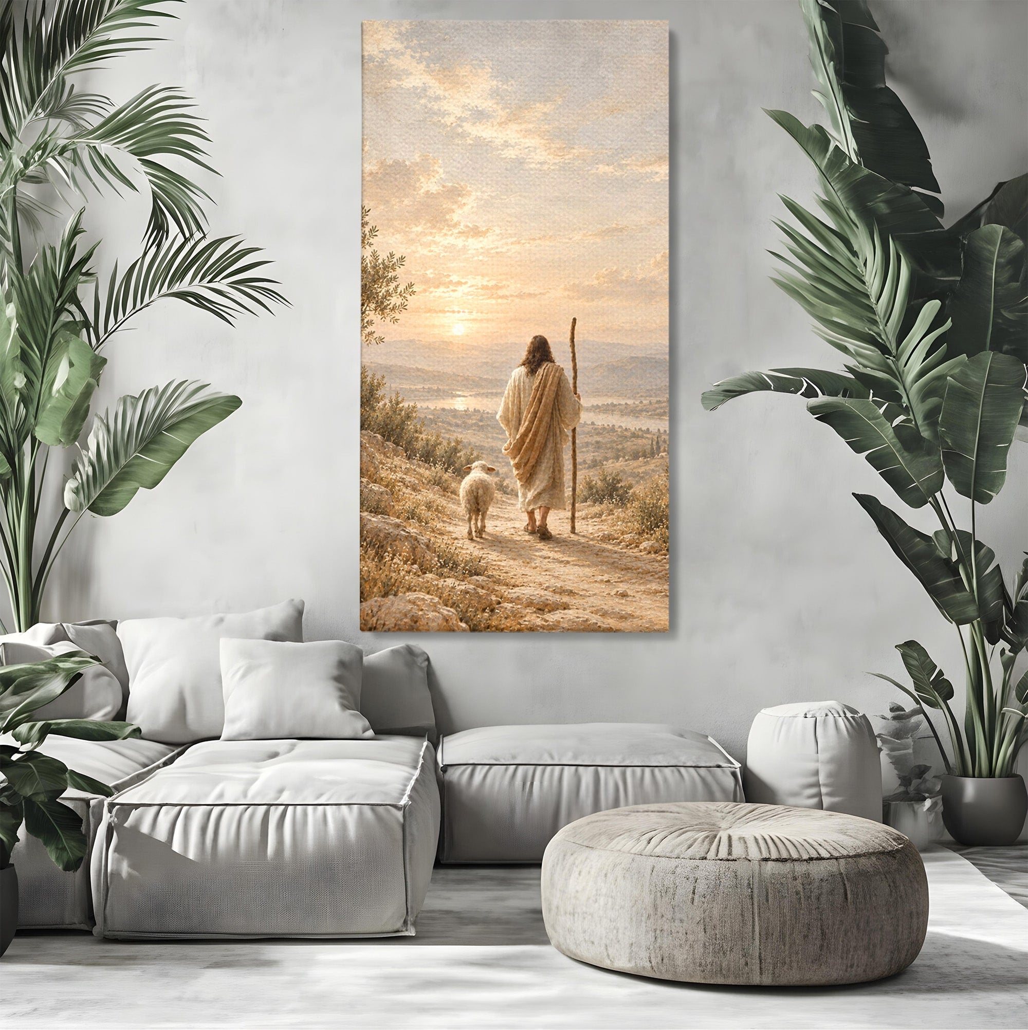 Tablou Canvas Premium LuxCanva® PI1438, Isus si Mielul, Invatator, Peisaj, Natura, Apus, Mesia, Credinta, Liniste, Culori Vibrante, Living, Dormitor