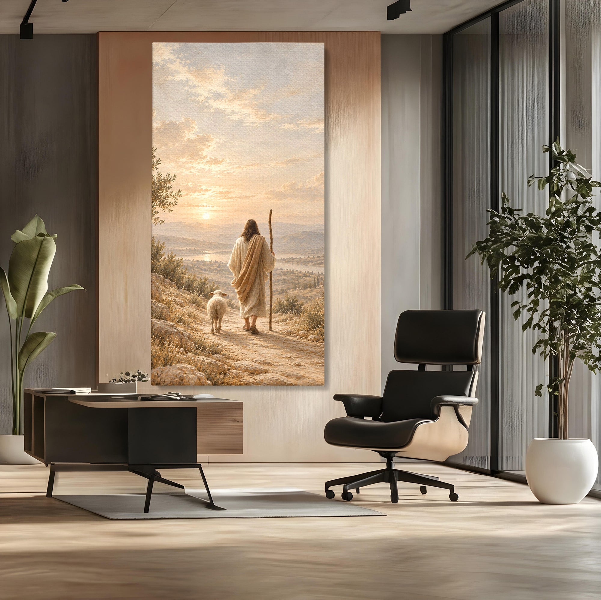 Tablou Canvas Premium LuxCanva® PI1438, Isus si Mielul, Invatator, Peisaj, Natura, Apus, Mesia, Credinta, Liniste, Culori Vibrante, Living, Dormitor