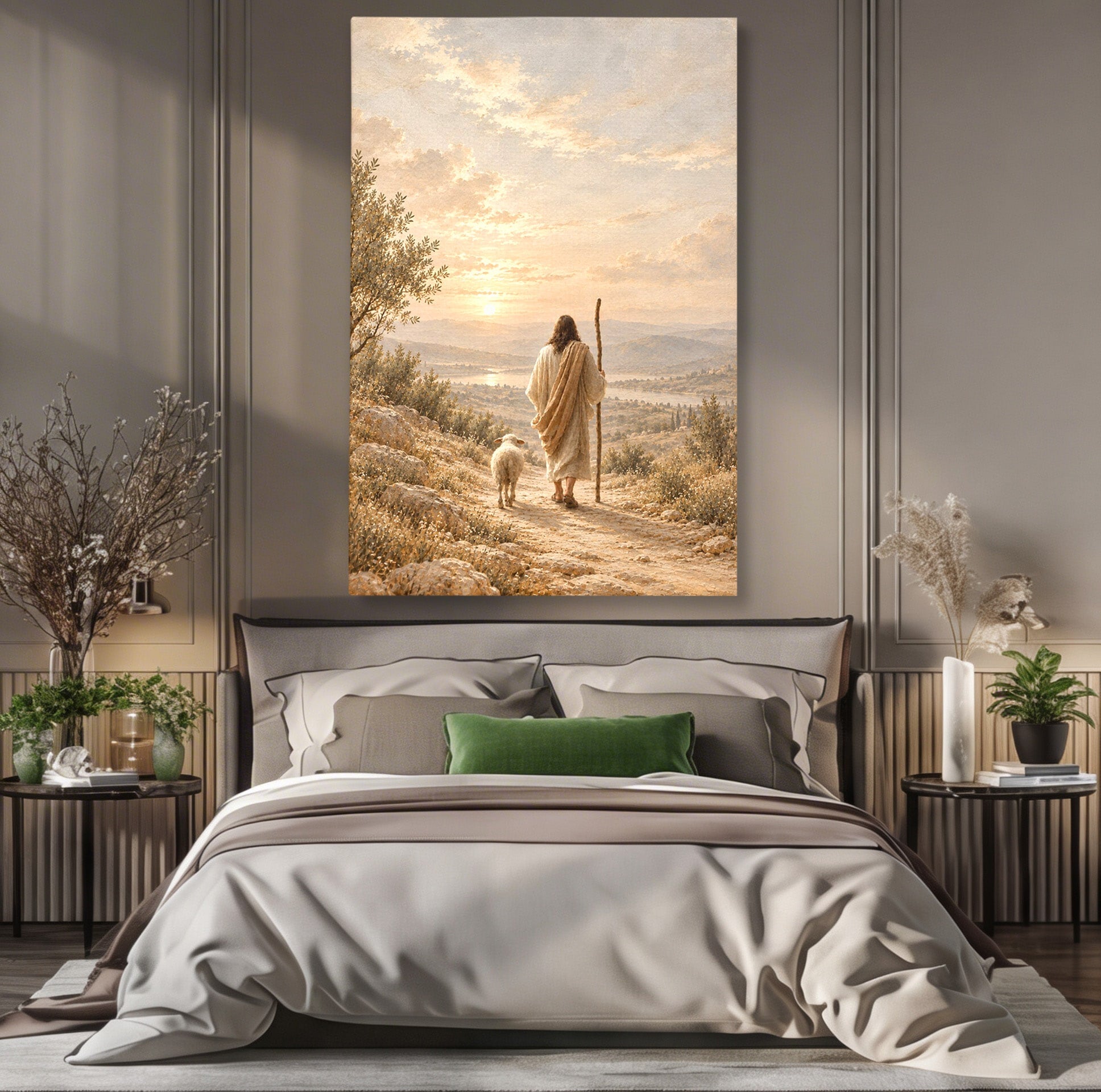 Tablou Canvas Premium LuxCanva® PI1438, Isus si Mielul, Invatator, Peisaj, Natura, Apus, Mesia, Credinta, Liniste, Culori Vibrante, Living, Dormitor