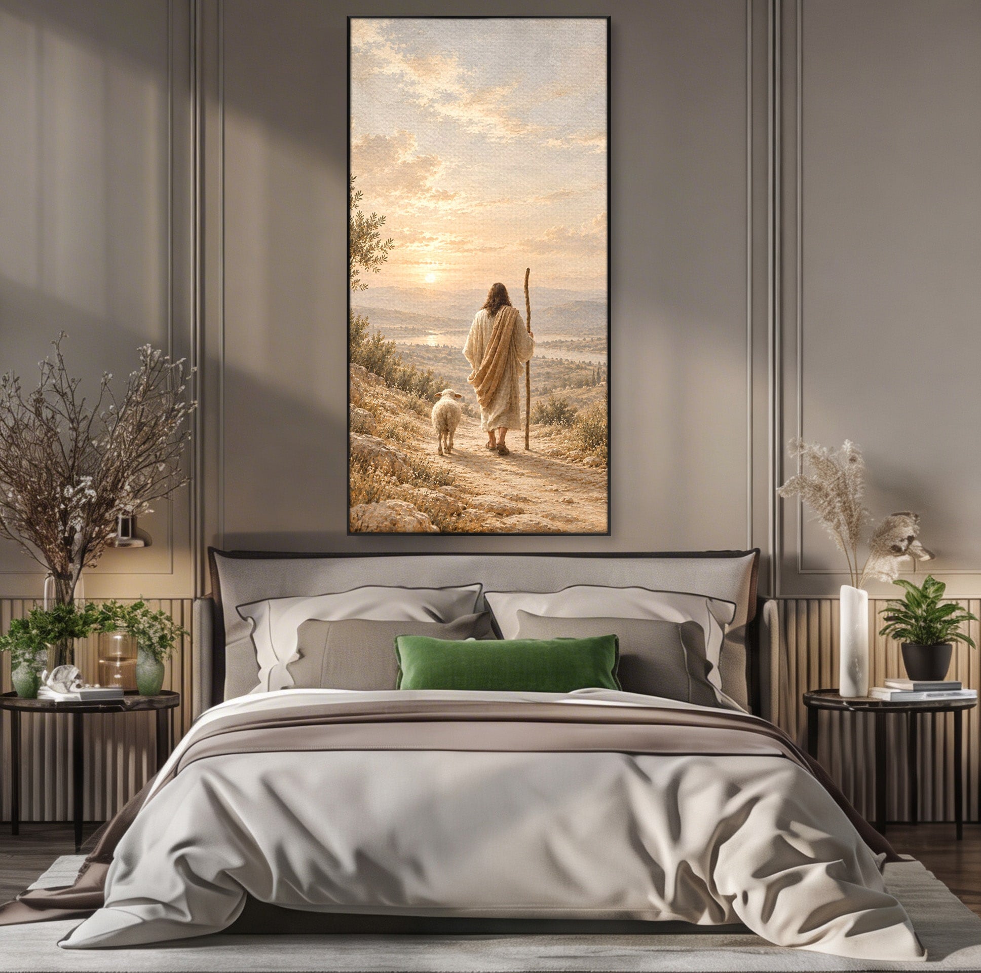 Tablou Canvas Premium LuxCanva® PI1438, Isus si Mielul, Invatator, Peisaj, Natura, Apus, Mesia, Credinta, Liniste, Culori Vibrante, Living, Dormitor