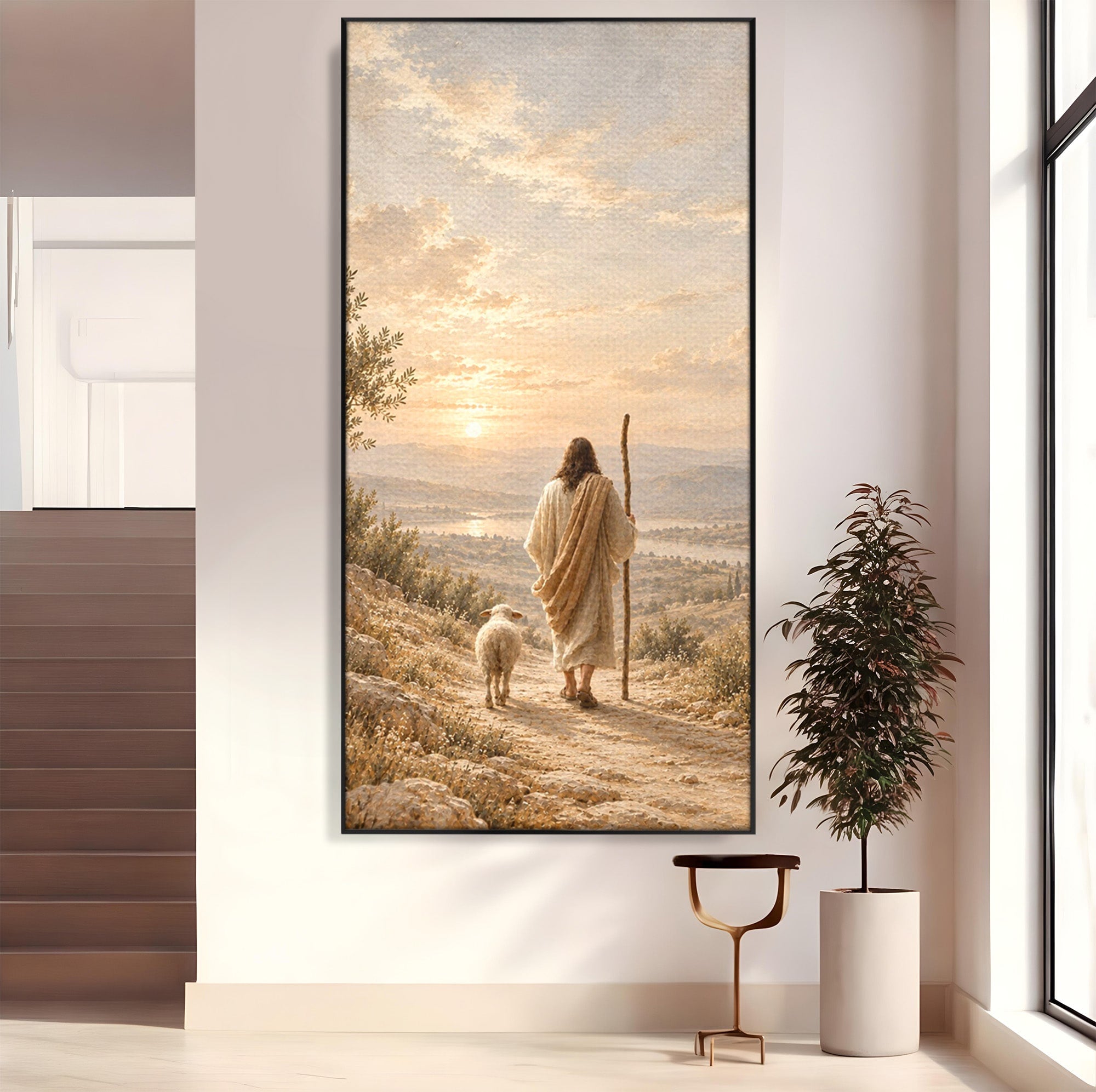Tablou Canvas Premium LuxCanva® PI1438, Isus si Mielul, Invatator, Peisaj, Natura, Apus, Mesia, Credinta, Liniste, Culori Vibrante, Living, Dormitor