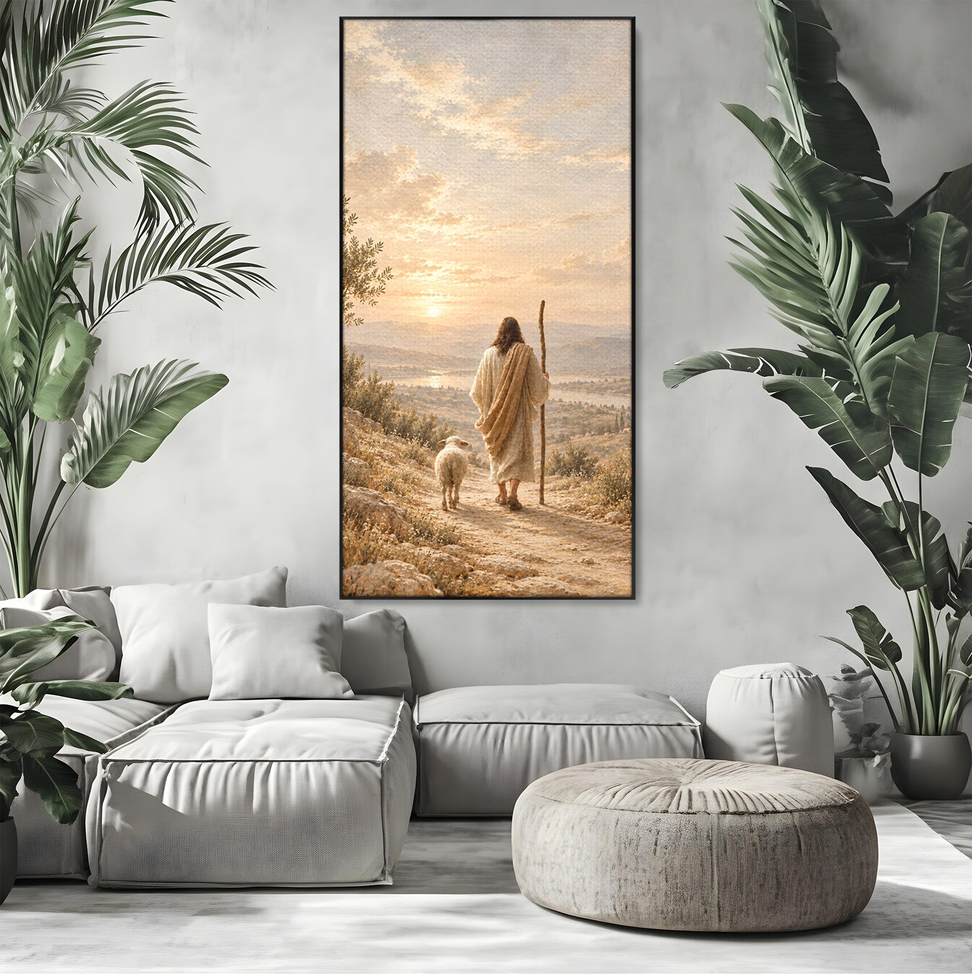 Tablou Canvas Premium LuxCanva® PI1438, Isus si Mielul, Invatator, Peisaj, Natura, Apus, Mesia, Credinta, Liniste, Culori Vibrante, Living, Dormitor