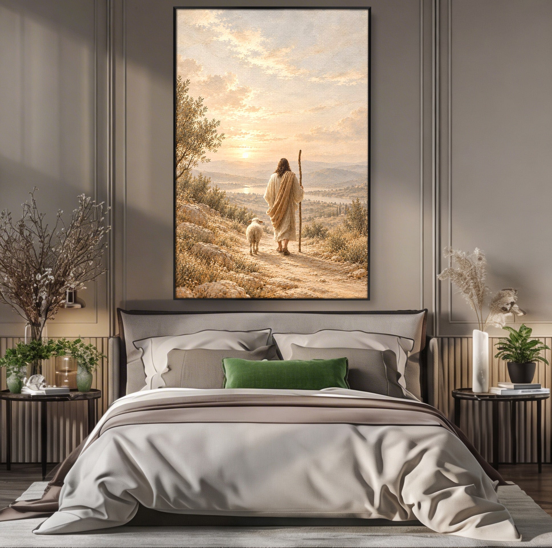 Tablou Canvas Premium LuxCanva® PI1438, Isus si Mielul, Invatator, Peisaj, Natura, Apus, Mesia, Credinta, Liniste, Culori Vibrante, Living, Dormitor
