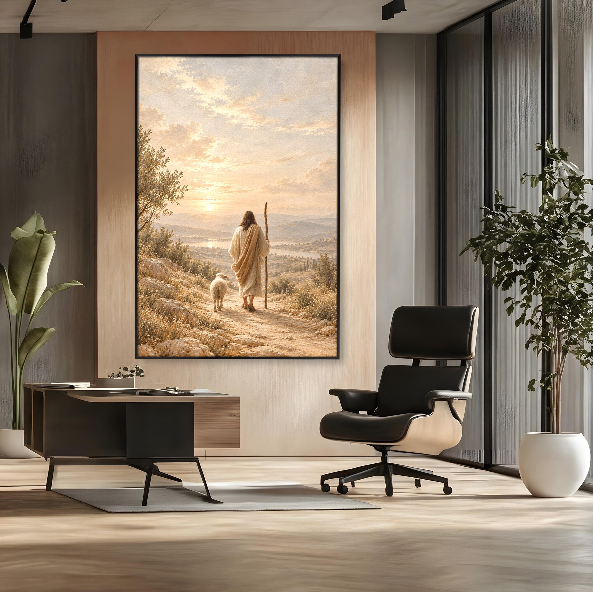 Tablou Canvas Premium LuxCanva® PI1438, Isus si Mielul, Invatator, Peisaj, Natura, Apus, Mesia, Credinta, Liniste, Culori Vibrante, Living, Dormitor