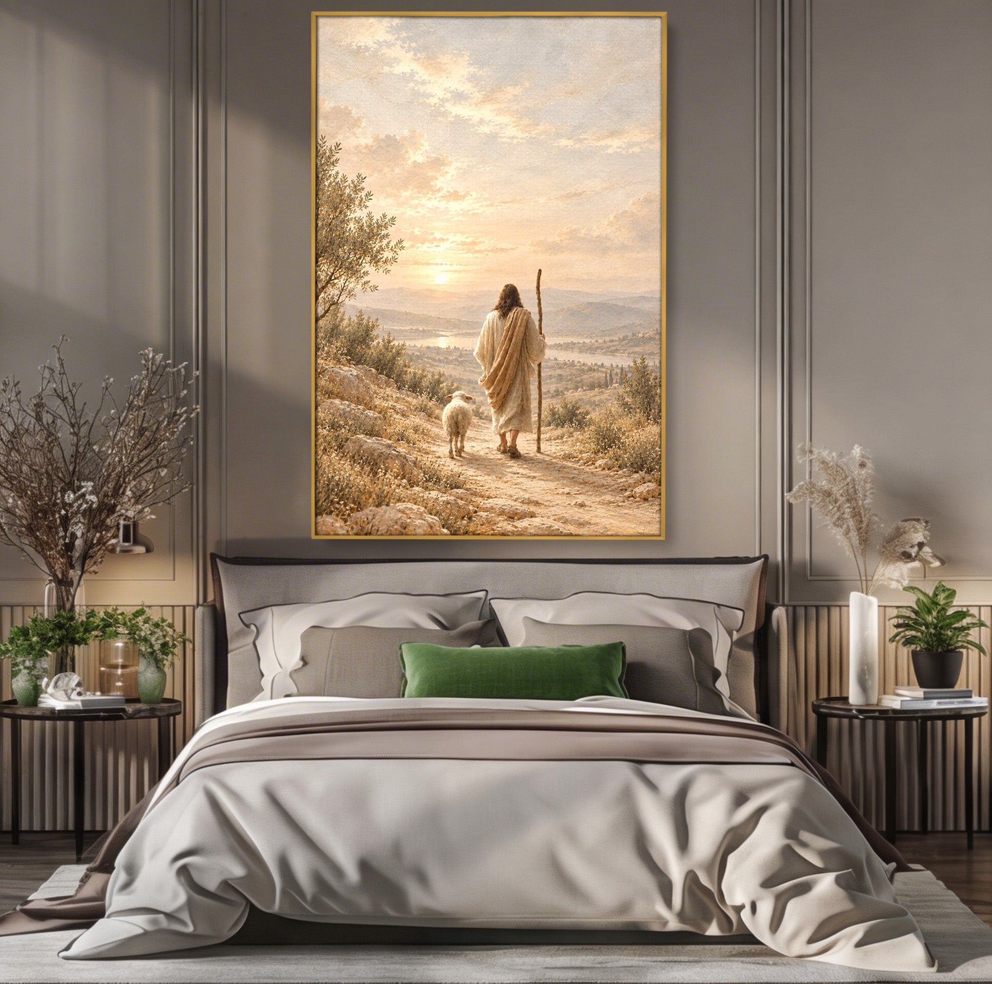 Tablou Canvas Premium LuxCanva® PI1438, Isus si Mielul, Invatator, Peisaj, Natura, Apus, Mesia, Credinta, Liniste, Culori Vibrante, Living, Dormitor