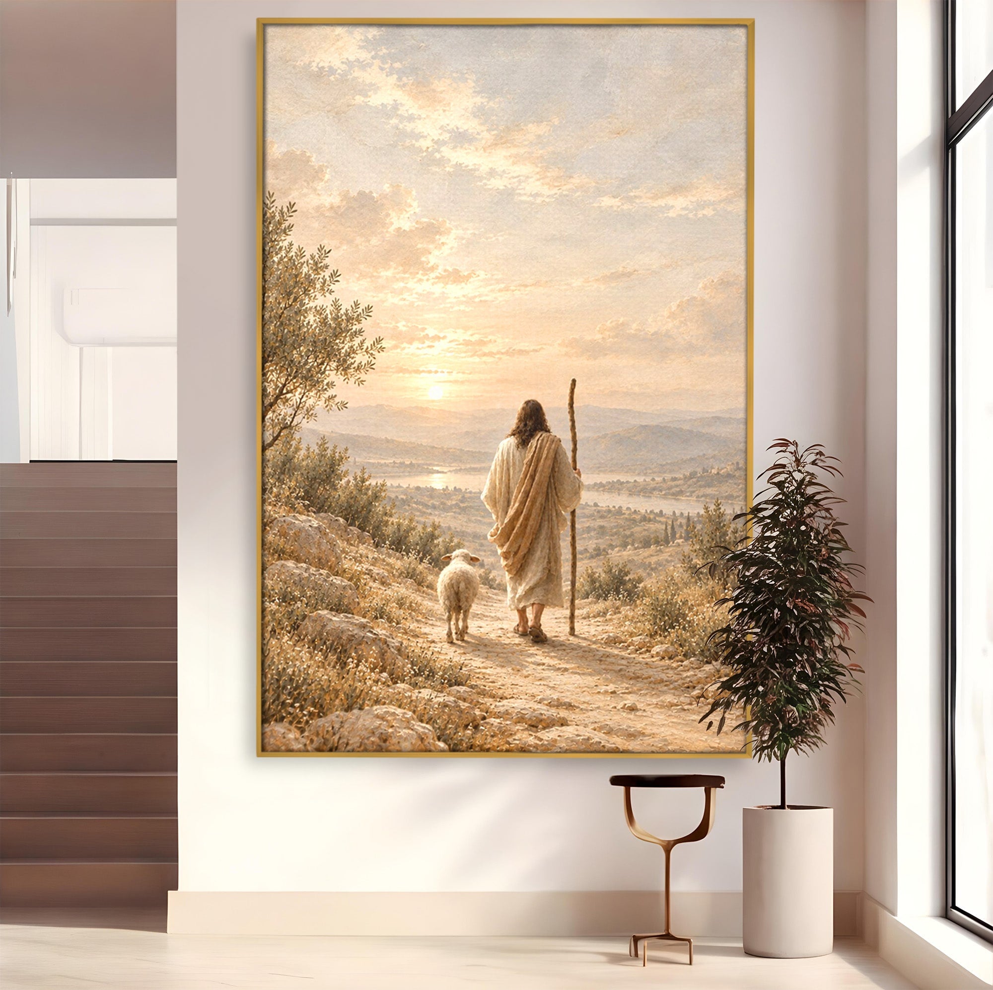 Tablou Canvas Premium LuxCanva® PI1438, Isus si Mielul, Invatator, Peisaj, Natura, Apus, Mesia, Credinta, Liniste, Culori Vibrante, Living, Dormitor