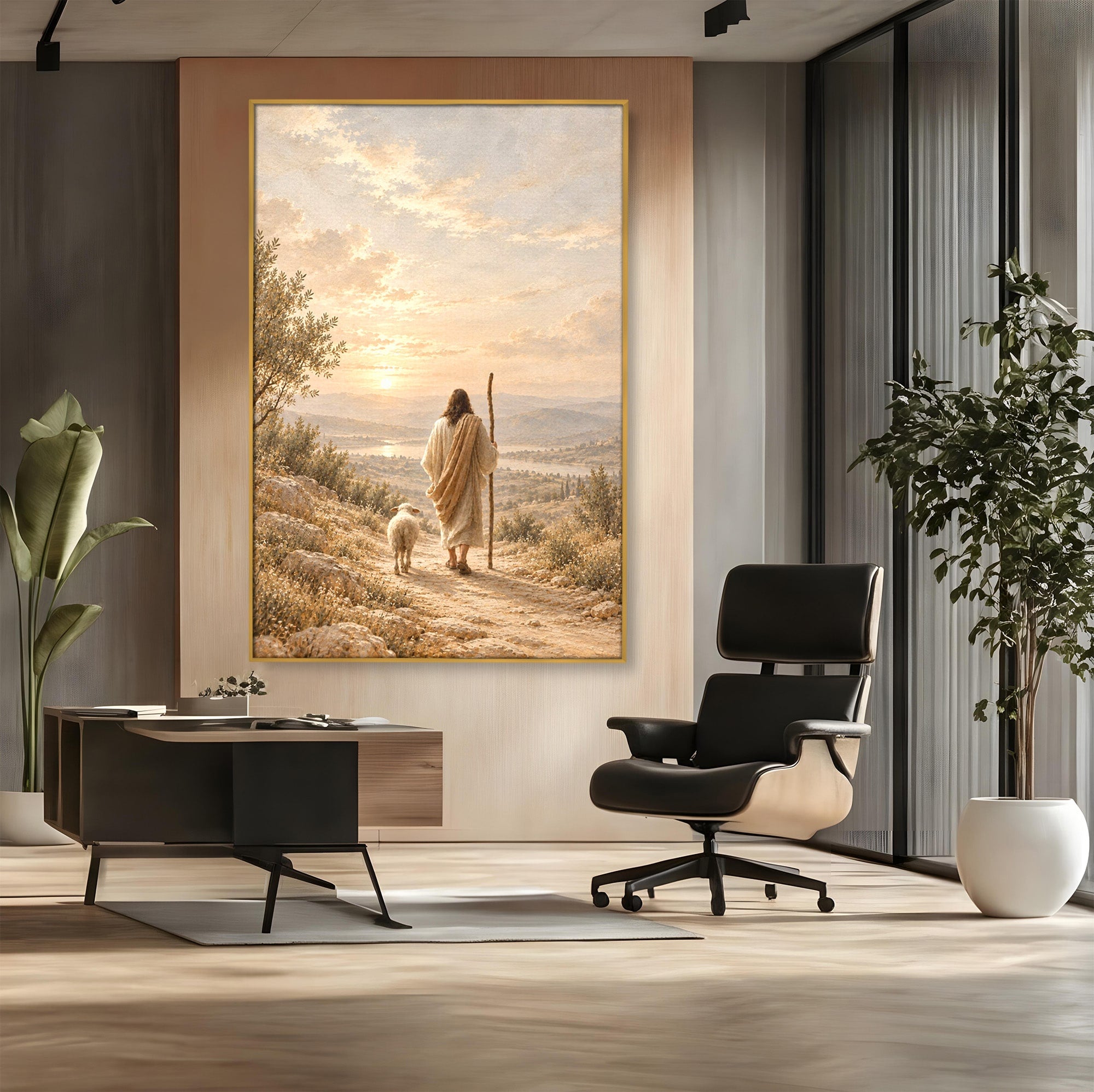 Tablou Canvas Premium LuxCanva® PI1438, Isus si Mielul, Invatator, Peisaj, Natura, Apus, Mesia, Credinta, Liniste, Culori Vibrante, Living, Dormitor