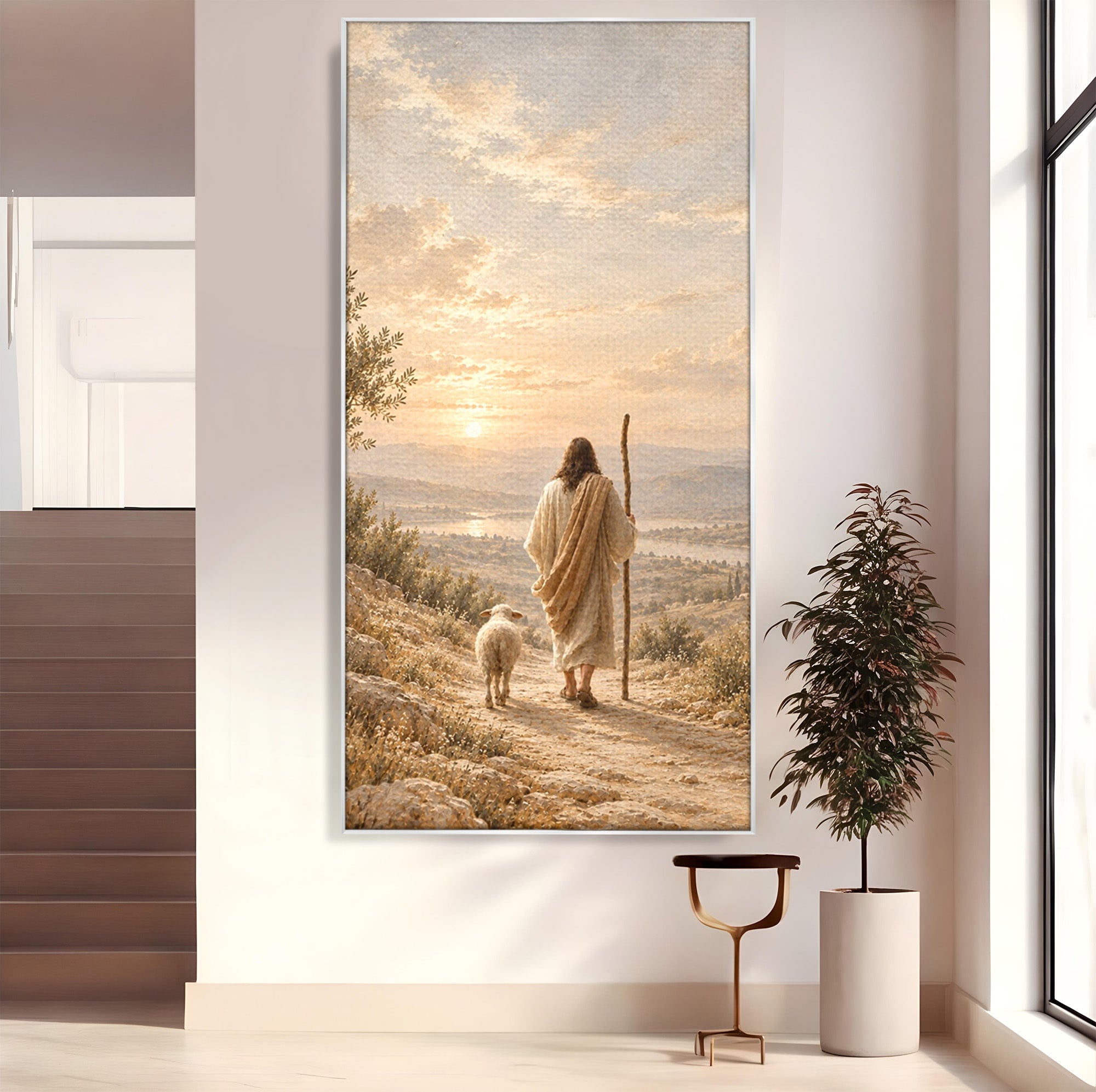 Tablou Canvas Premium LuxCanva® PI1438, Isus si Mielul, Invatator, Peisaj, Natura, Apus, Mesia, Credinta, Liniste, Culori Vibrante, Living, Dormitor